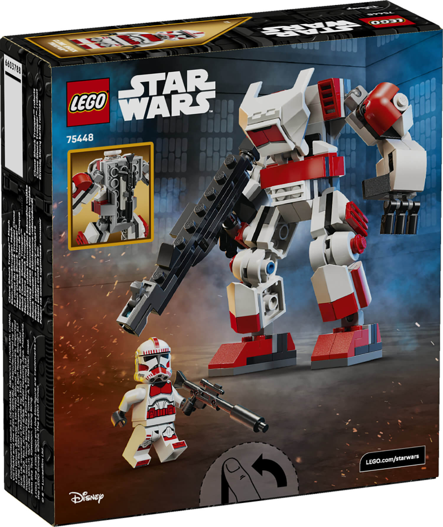 Bir mech kıyafeti ve Klon Askeri figürü içeren Lego Star Wars seti.
