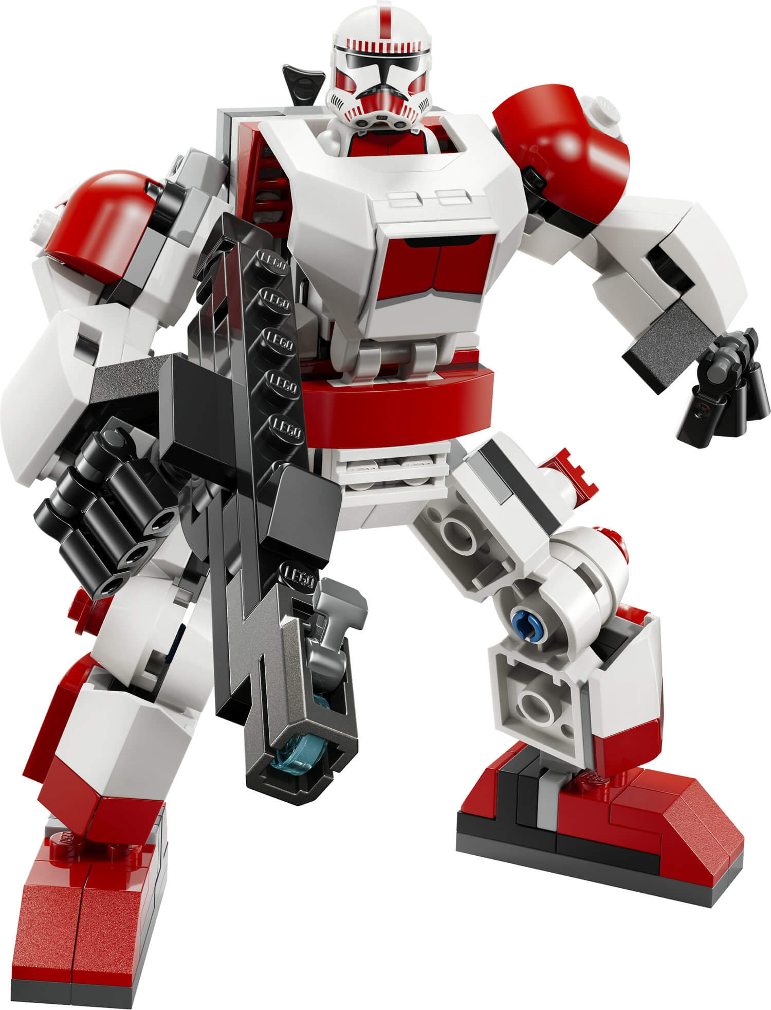 Kasklı ve silahlı beyaz ve kırmızı Lego droidi beyaz zeminde duruyor.