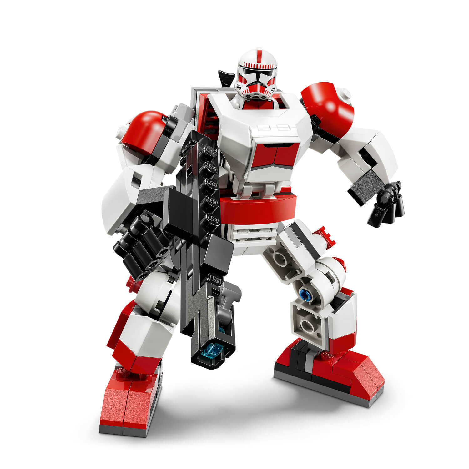 Beyaz ve kırmızı Lego droidi, beyaz arka plan üzerinde tüfek tutuyor.