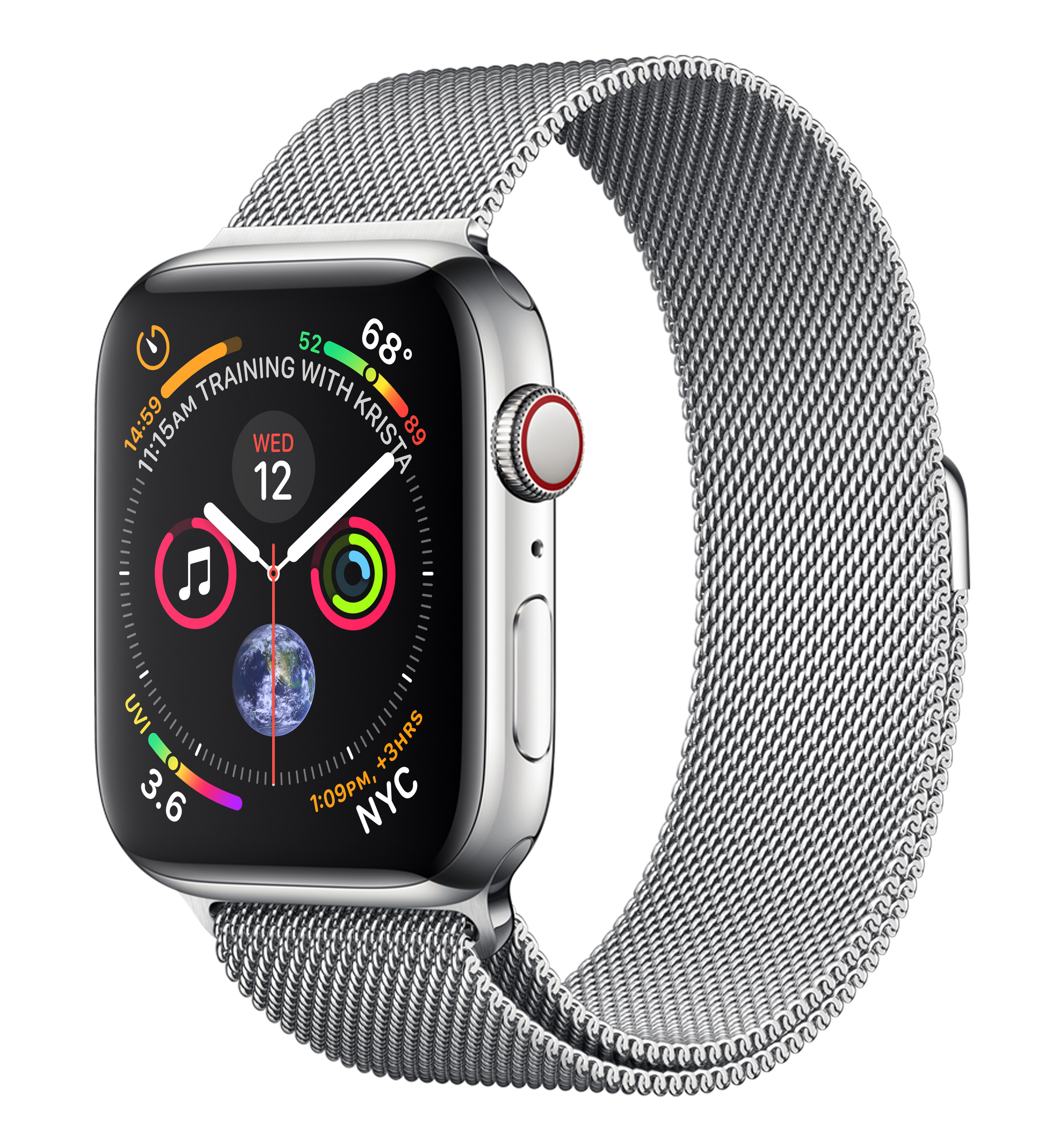 Eine silberne Smartwatch mit Milanaise-Armband auf weißem Hintergrund.