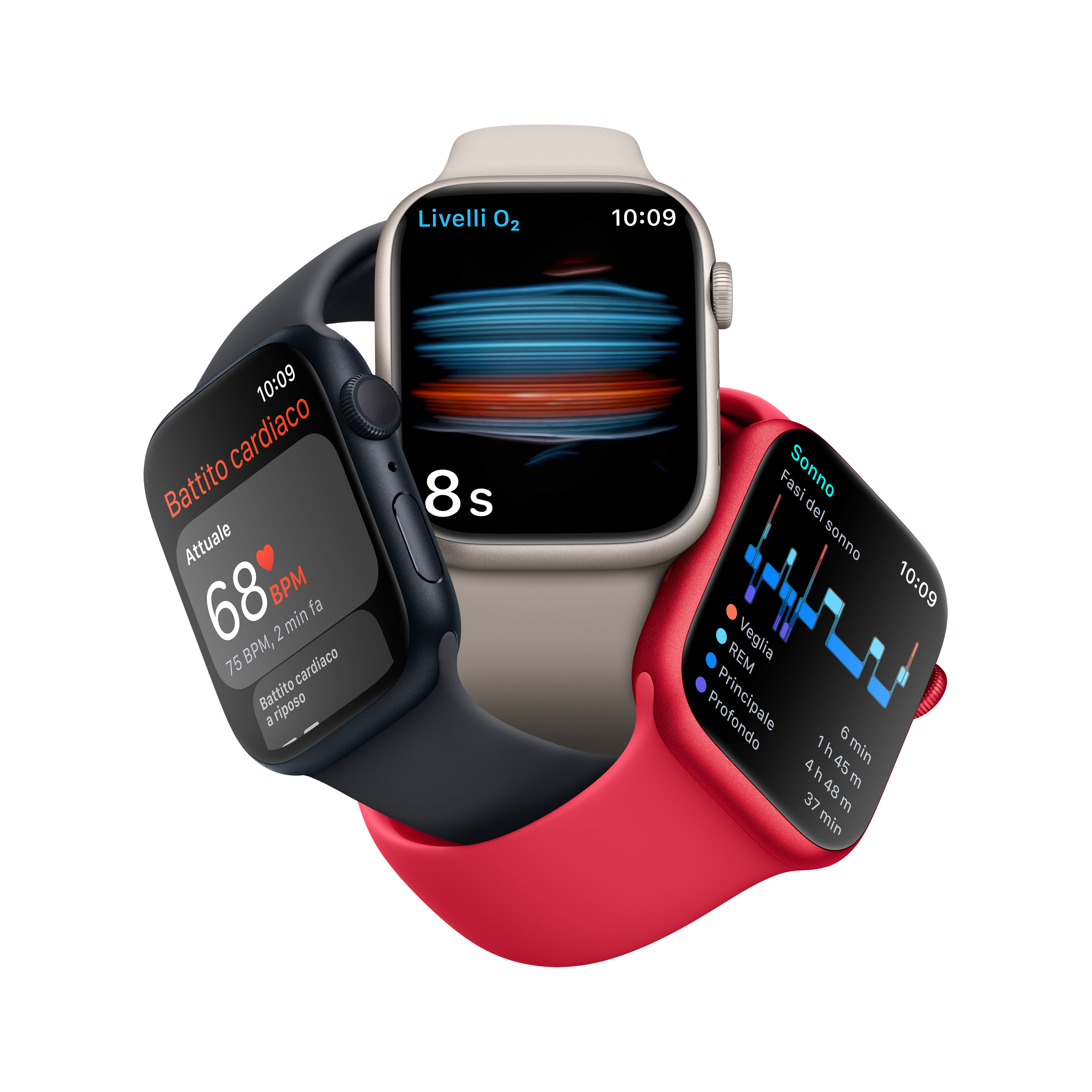 Tres Apple Watches en diferentes colores mostrando frecuencia cardíaca, oxígeno y datos de sueño.