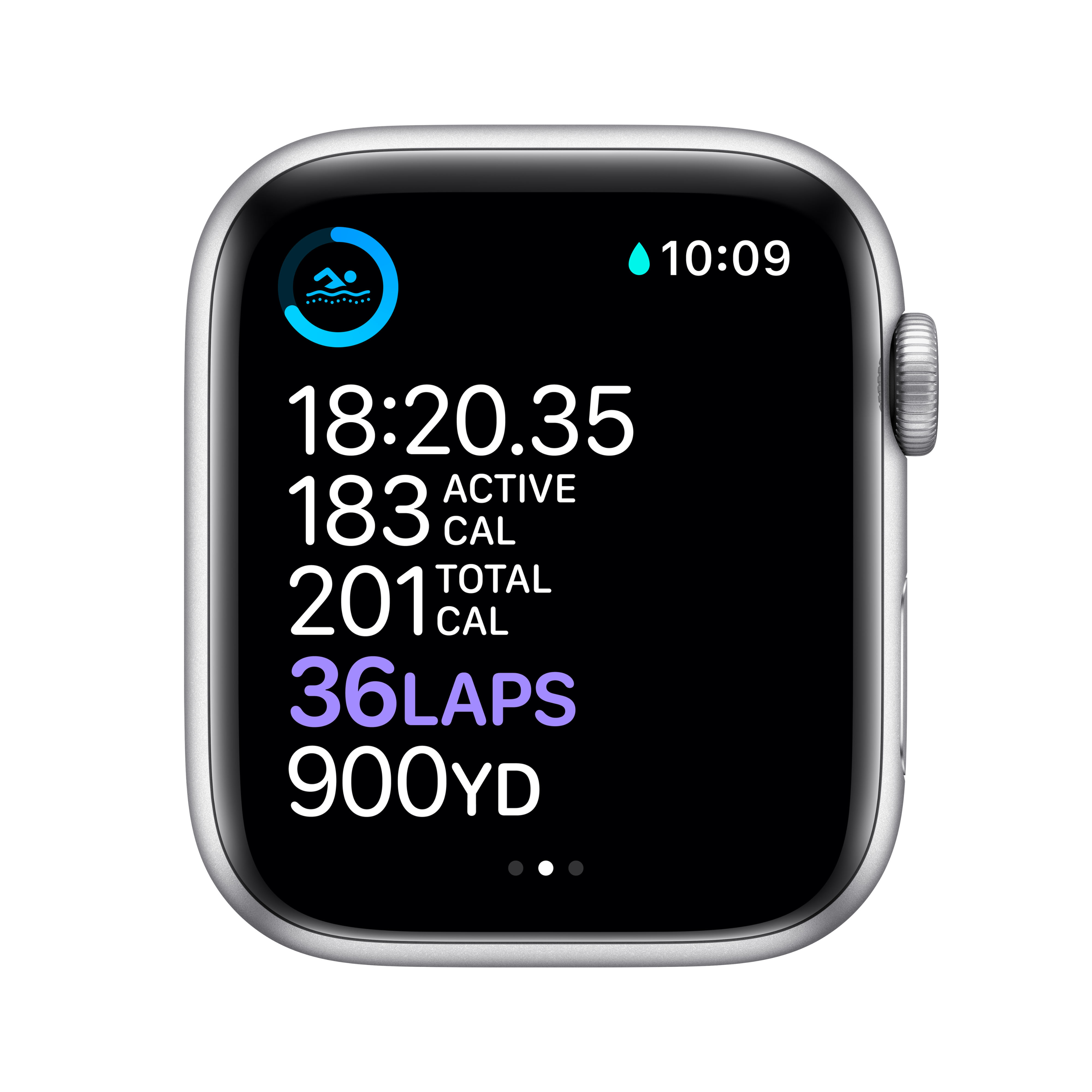 Reloj inteligente plateado muestra 10:09, 18:20.35 activo, 183 cal, 201 cal total, 36 vueltas, 900 yd.