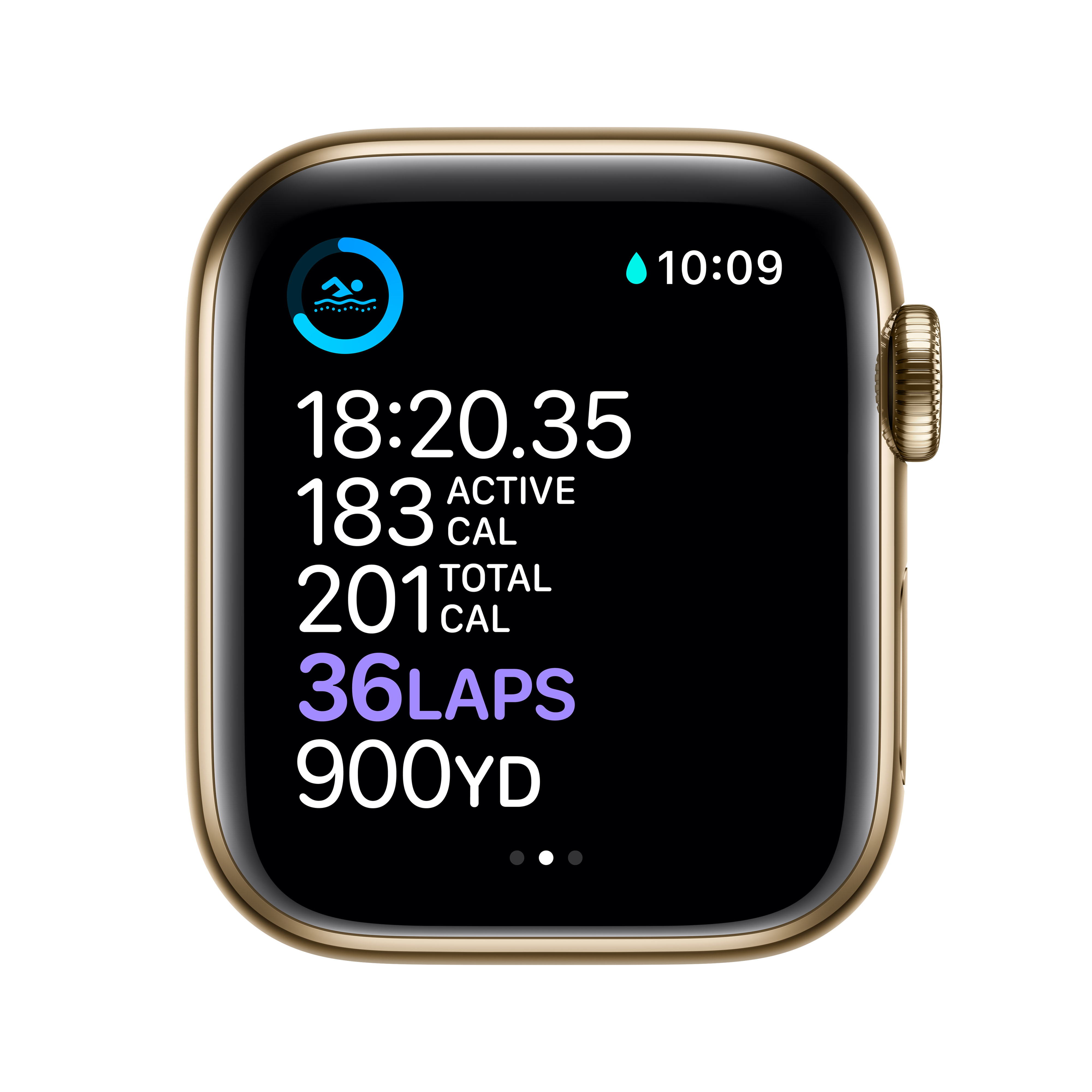 Goldene Smartwatch zeigt Schwimmdaten: 18:20 Zeit, 183 aktive Kalorien, 201 Gesamt-Kalorien, 36 Laps, 900 Yards.