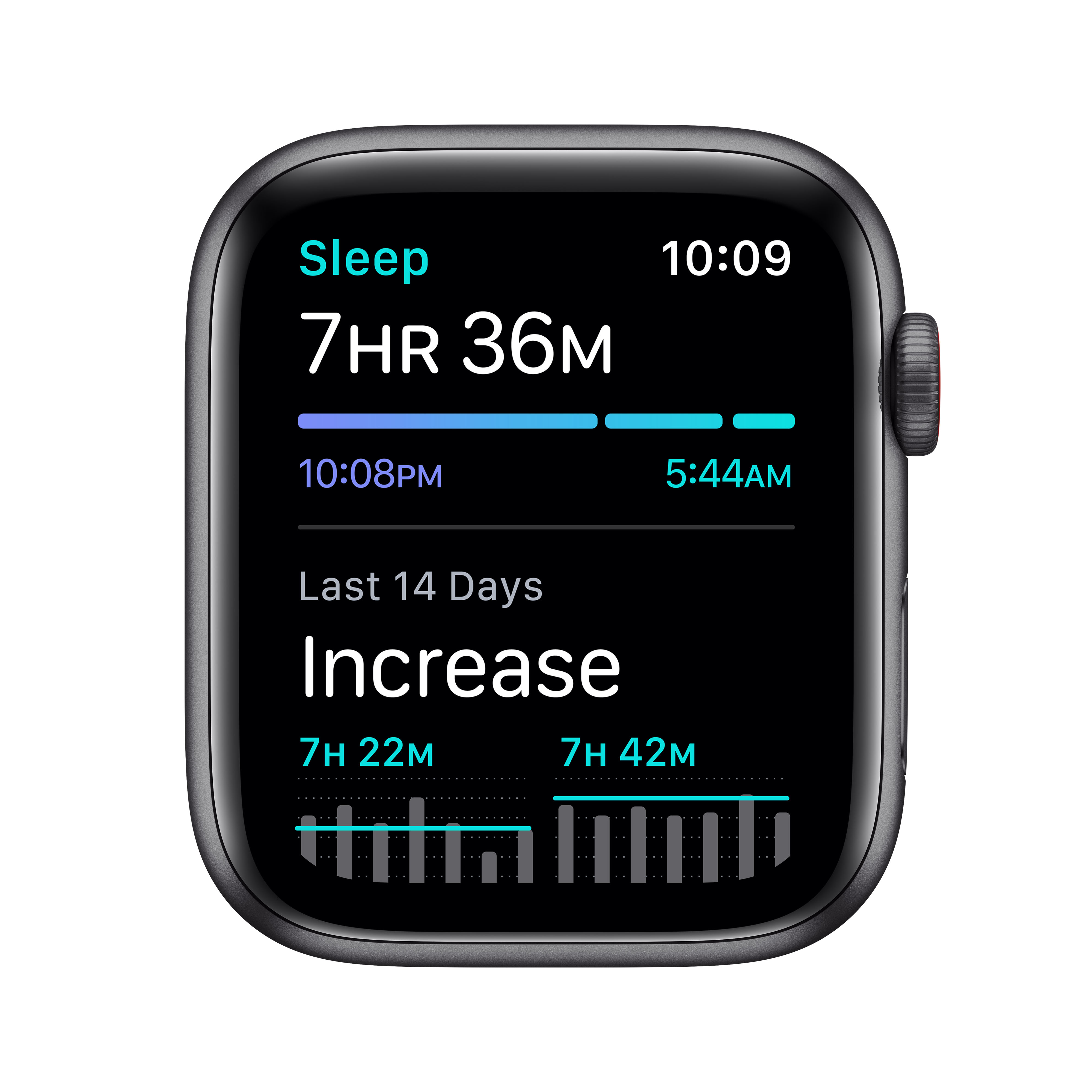 Apple Watch zeigt Schlafdaten: 7Std 36Min, 10:08PM-5:44AM.