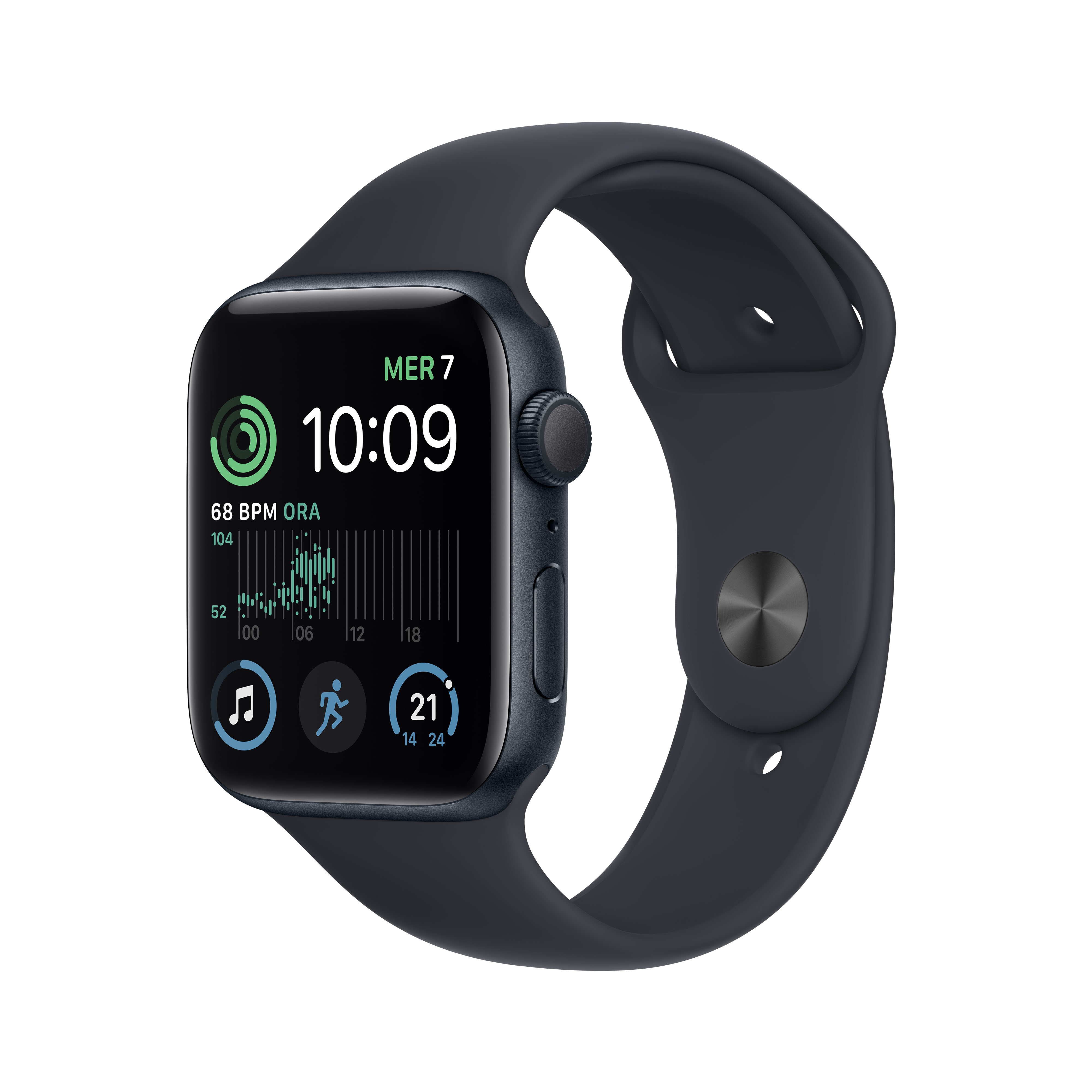 Dunkelgraue Smartwatch mit schwarzem Zifferblatt, zeigt 10:09 Uhr.