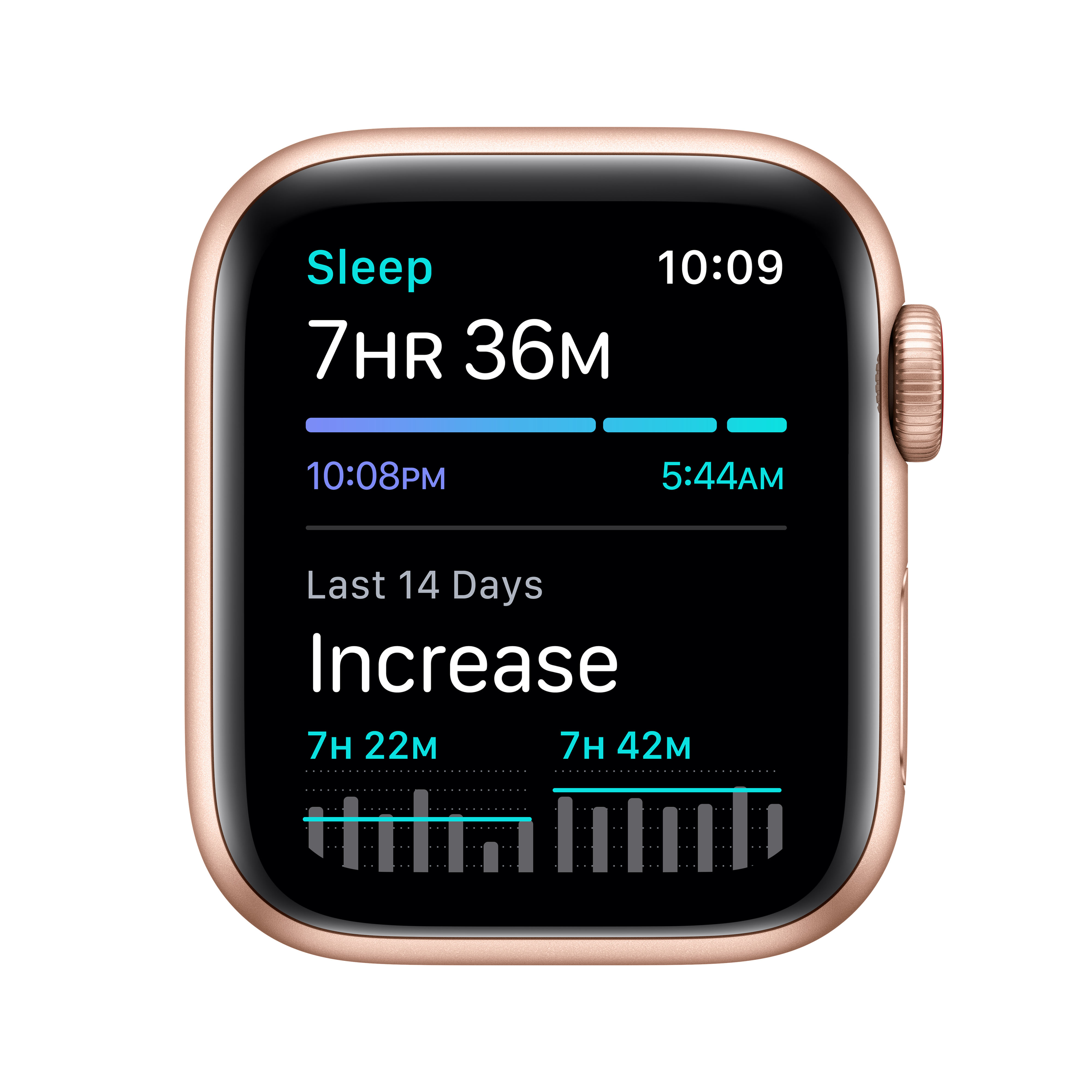 Goldene Apple Watch zeigt Schlafdaten: 7 Std. 36 Min. Schlaf.
