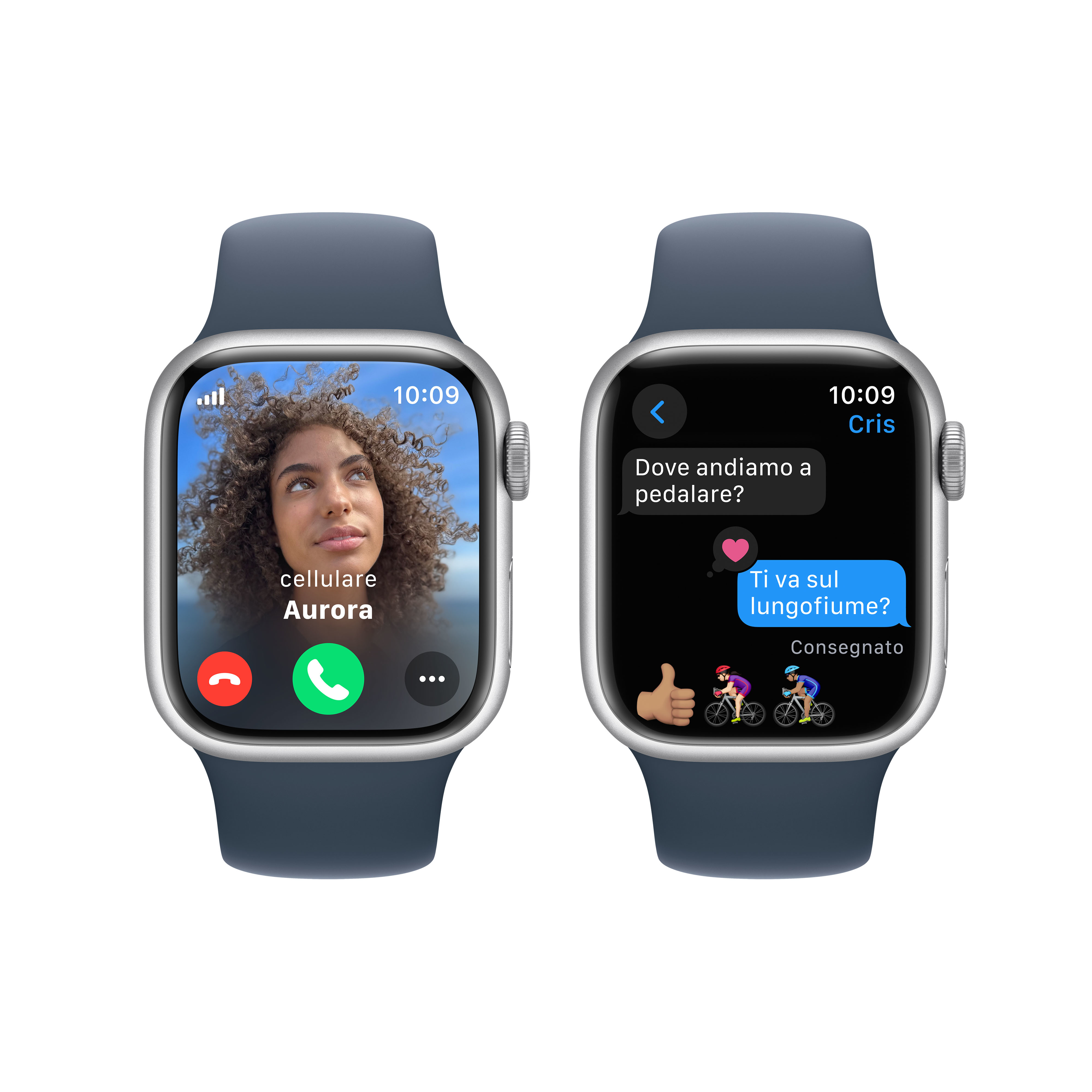 Due smartwatch una accanto all'altra; una mostra una videochiamata, l'altra un messaggio.