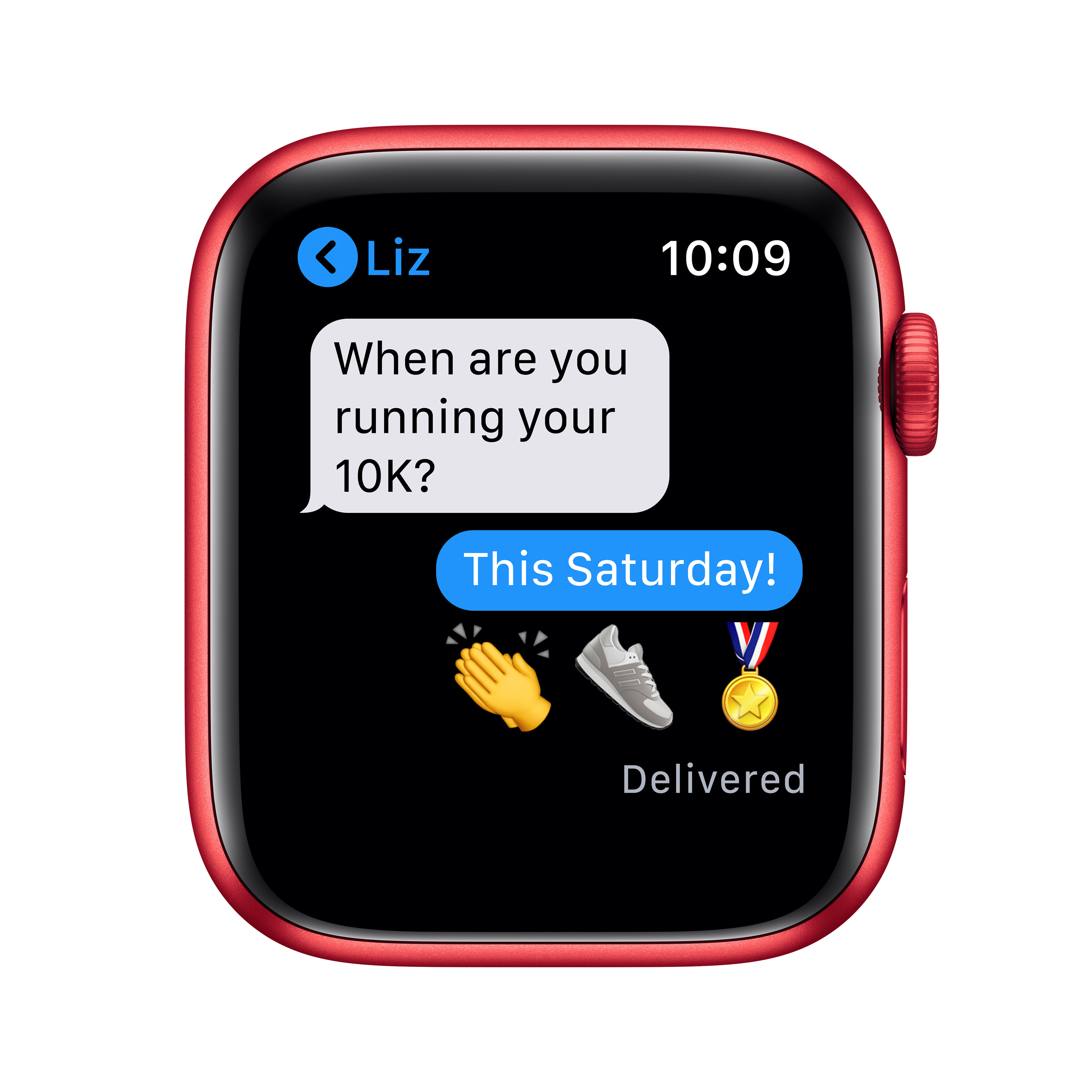 Eine rote Smartwatch zeigt eine Nachricht mit einem Laufschuh und einer Medaille.