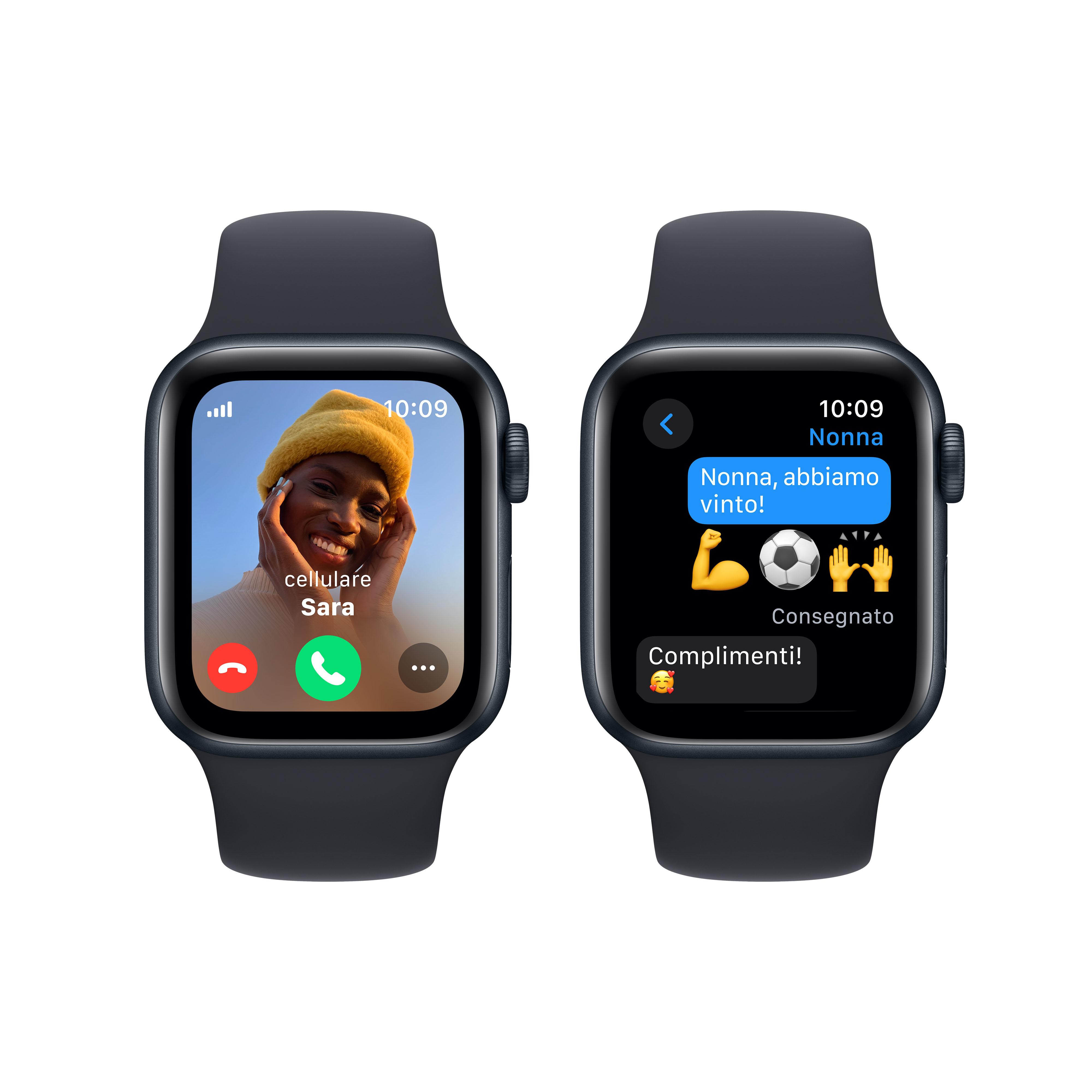 Due smartwatch. Sinistra: chiamata video. Destra: messaggio con emoji.