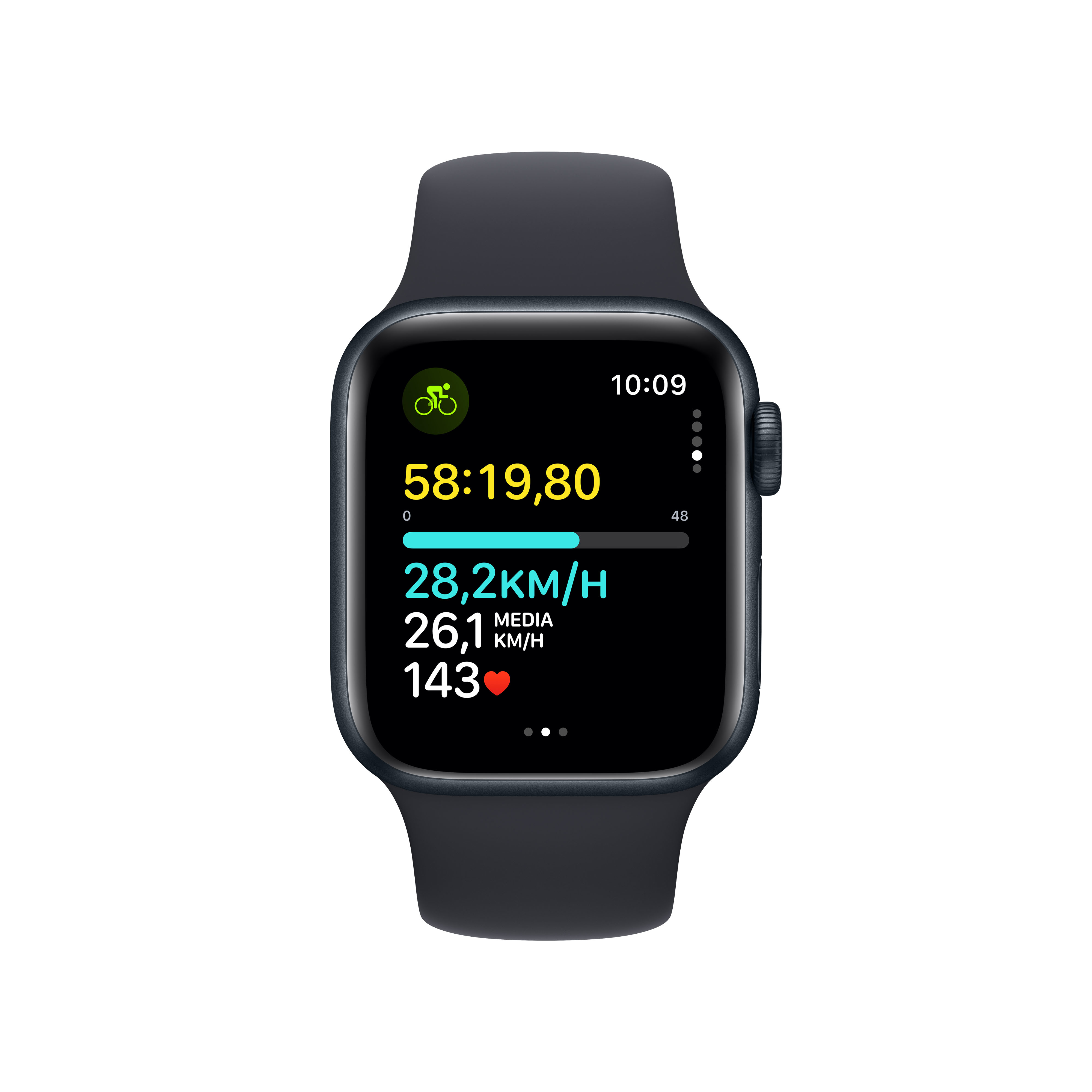 Dunkelgraue Smartwatch zeigt Radsportdaten: 58:19,80 Zeit, 28,2 km/h, 26,1 km/h Durchschnitt, 143 Herzschläge.