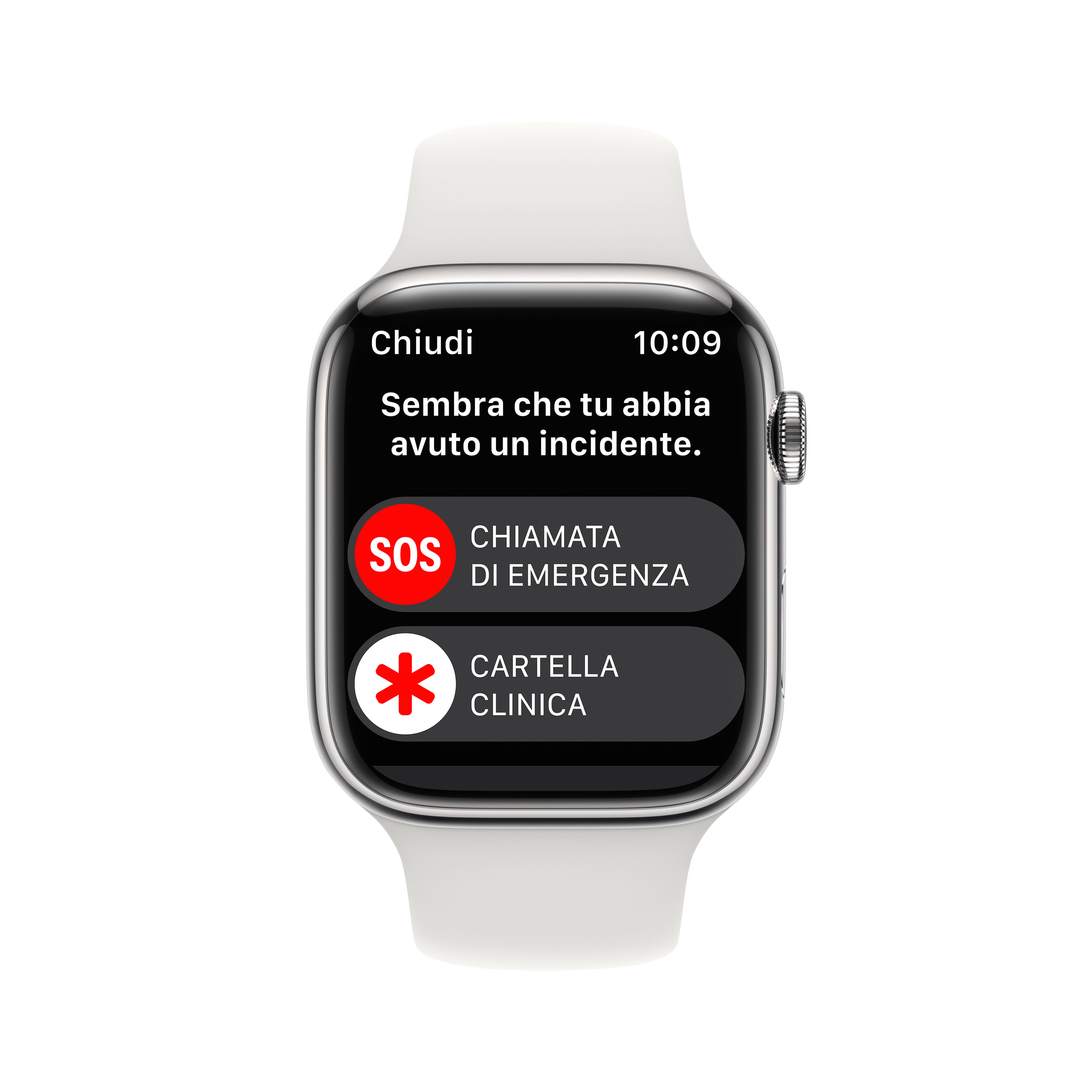 Un smartwatch muestra una alerta de accidente y opciones de llamada de emergencia.