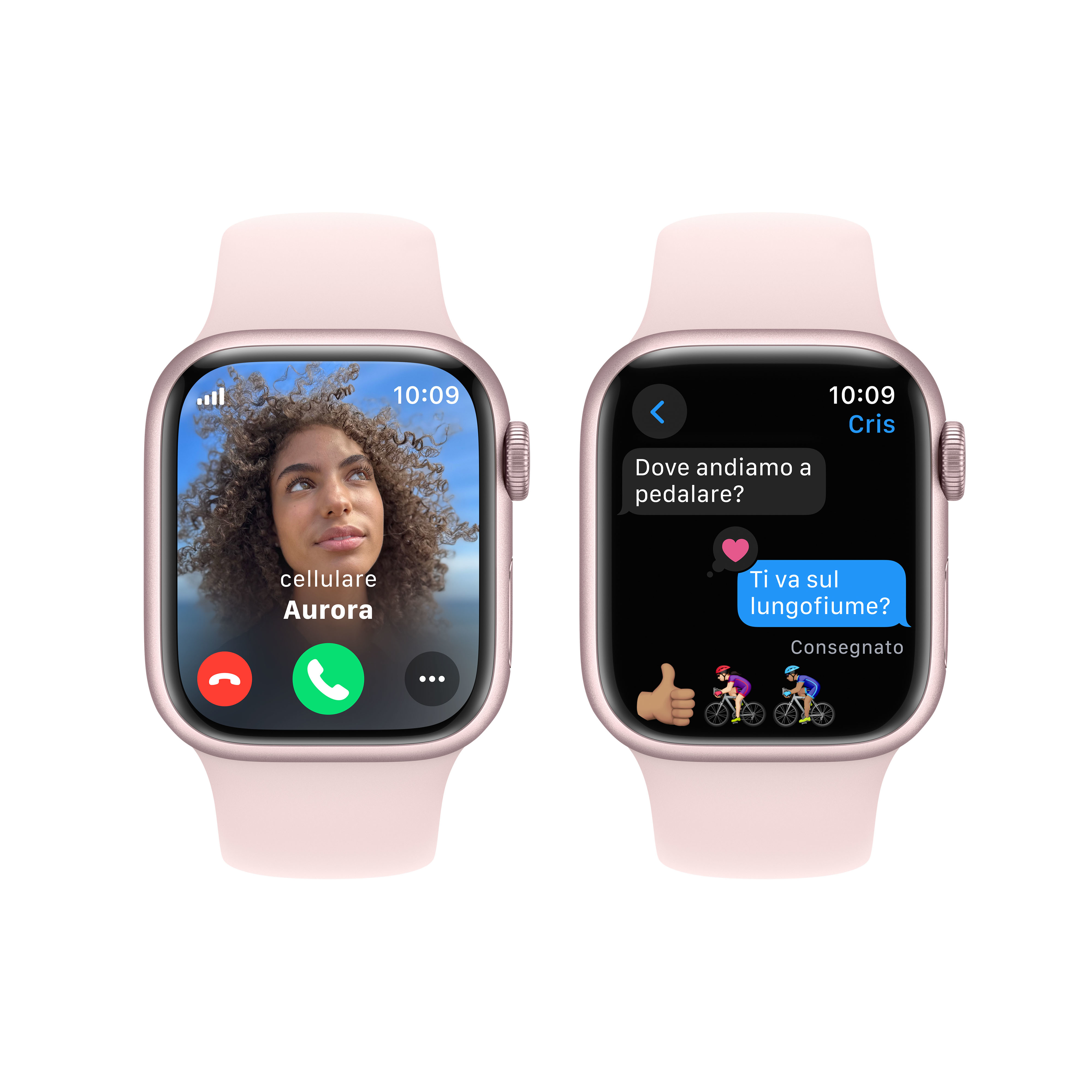 Dos Apple Watches muestran llamadas y mensajes. Una muestra una cara, la otra emojis de ciclistas.