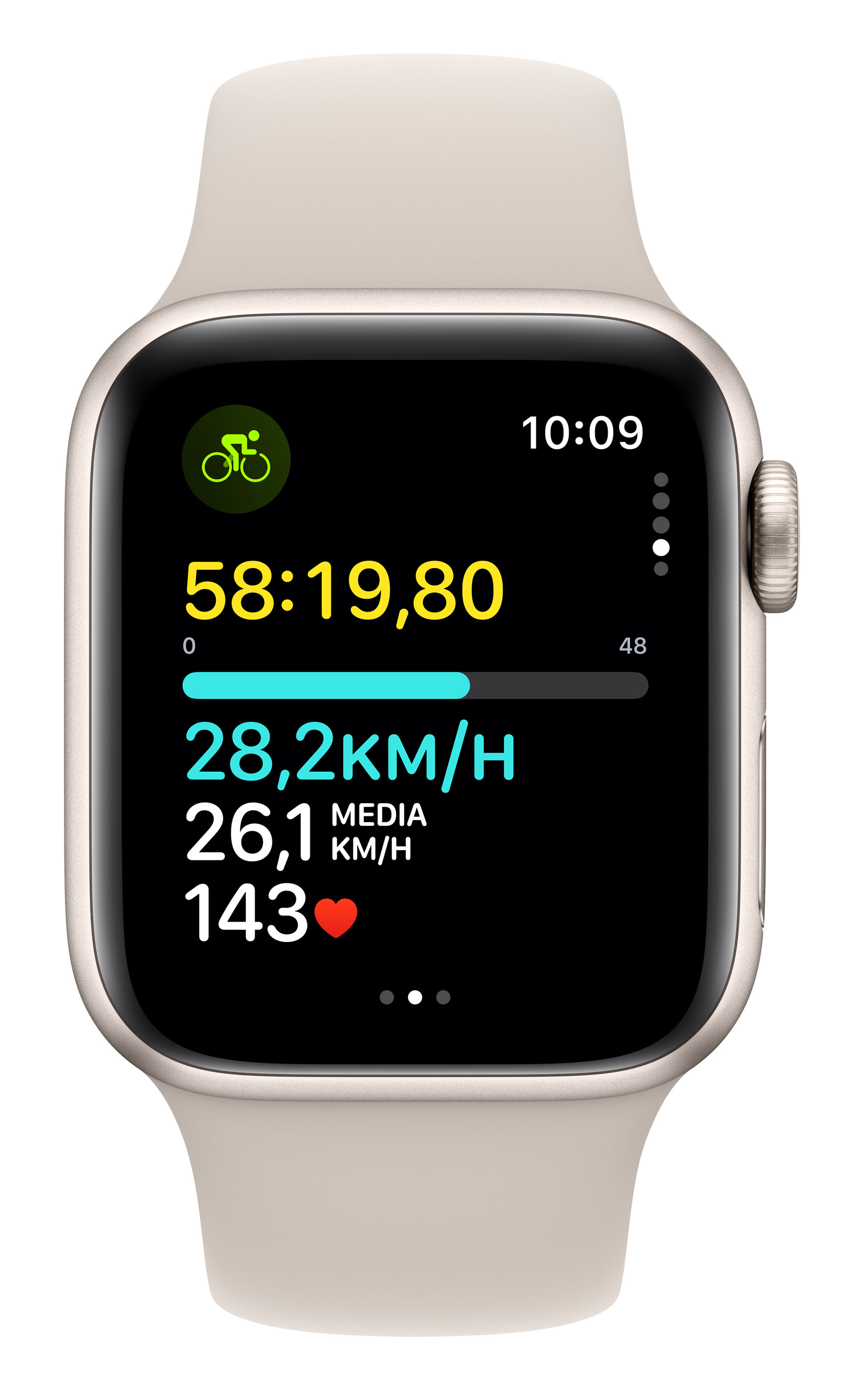 Smartwatch zeigt Fahrrad-Symbol, Zeit 10:09, 58:19,80, 28,2 km/h, 26,1 km/h, 143 bpm.
