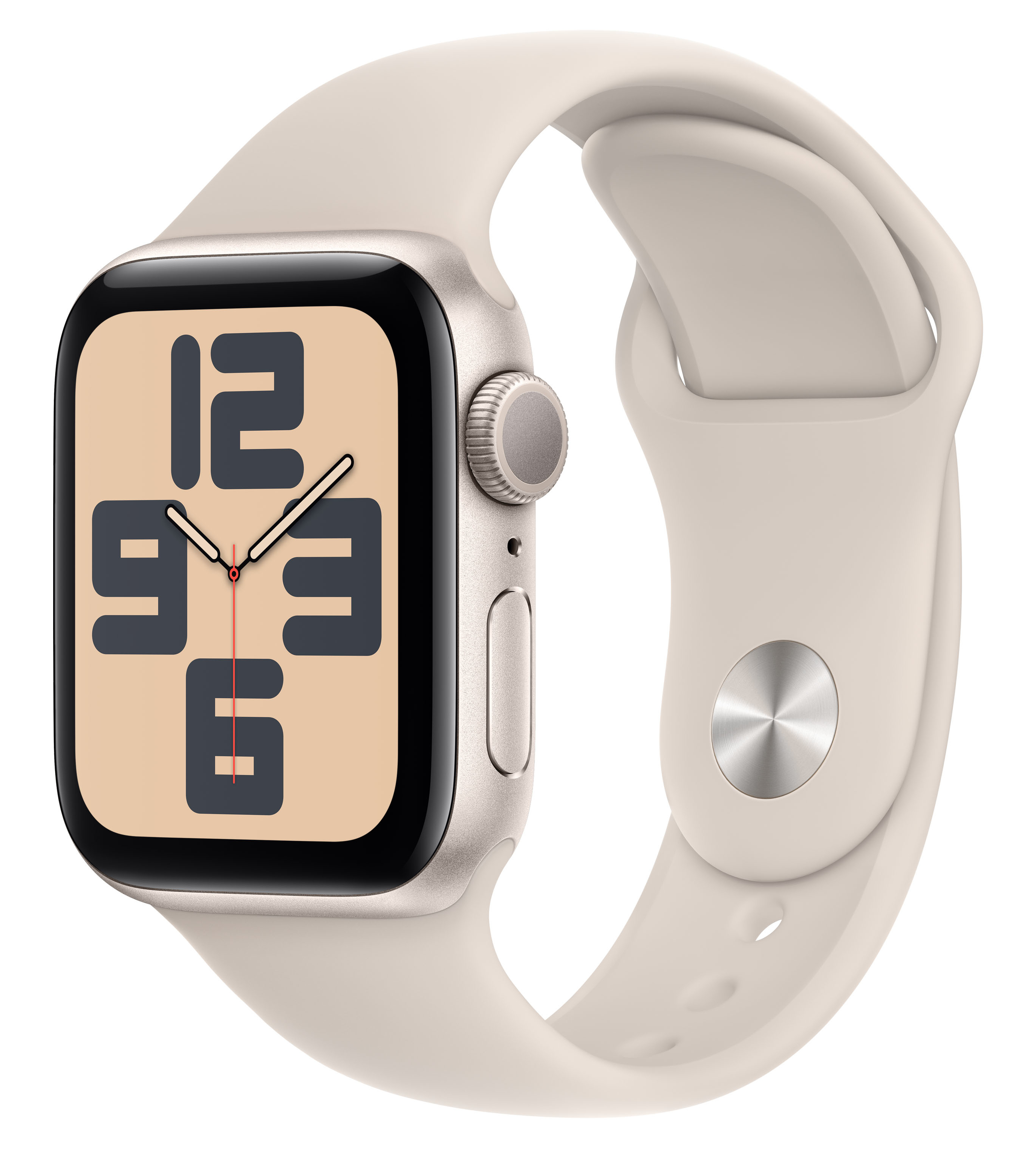 Eine goldene Smartwatch mit einem cremefarbenen Armband und einem Zifferblatt mit großen Ziffern.