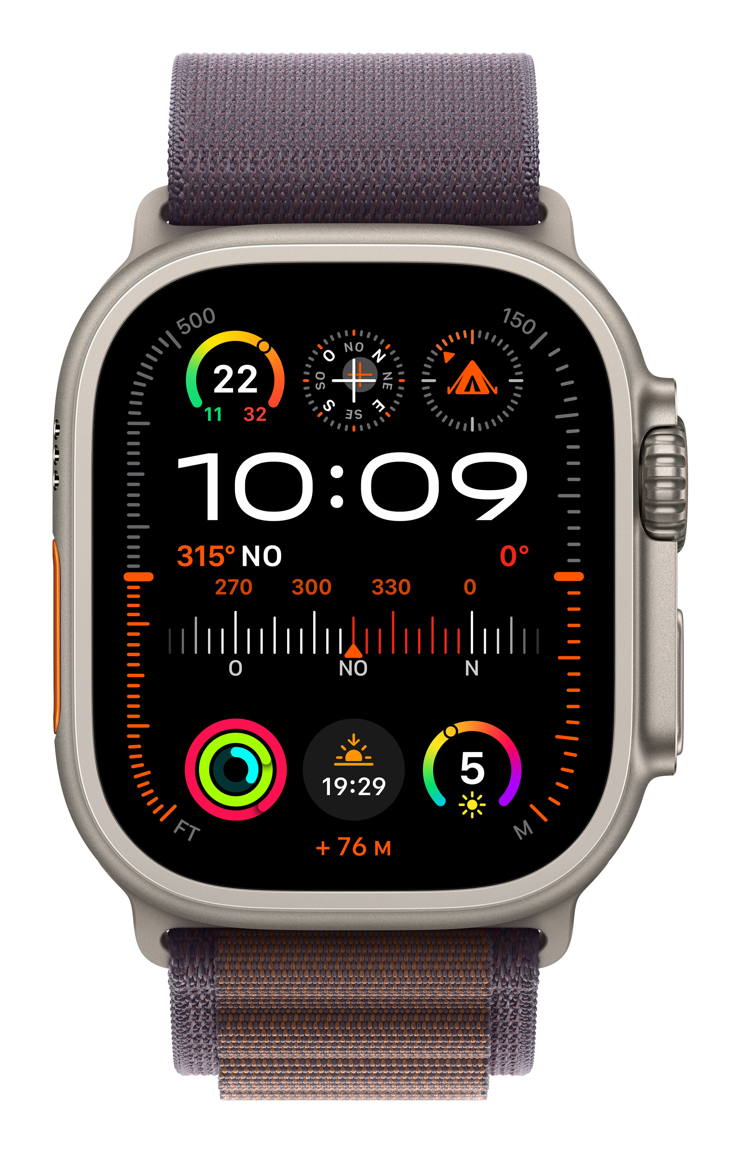 Uno smartwatch con cassa argentata e cinturino viola/marrone mostra le 10:09.
