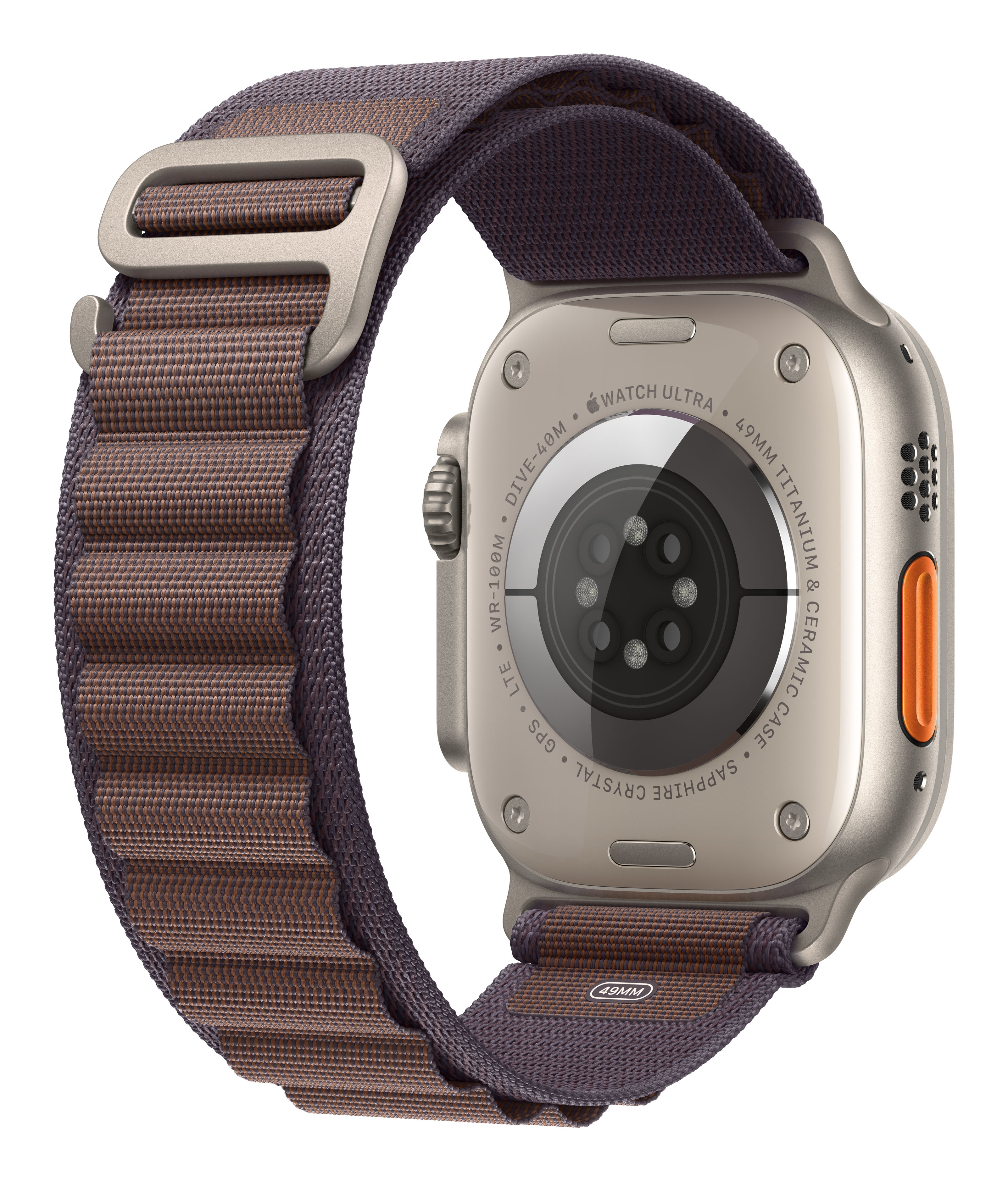 Uno smartwatch argentato con cinturino blu e marrone, vista posteriore.