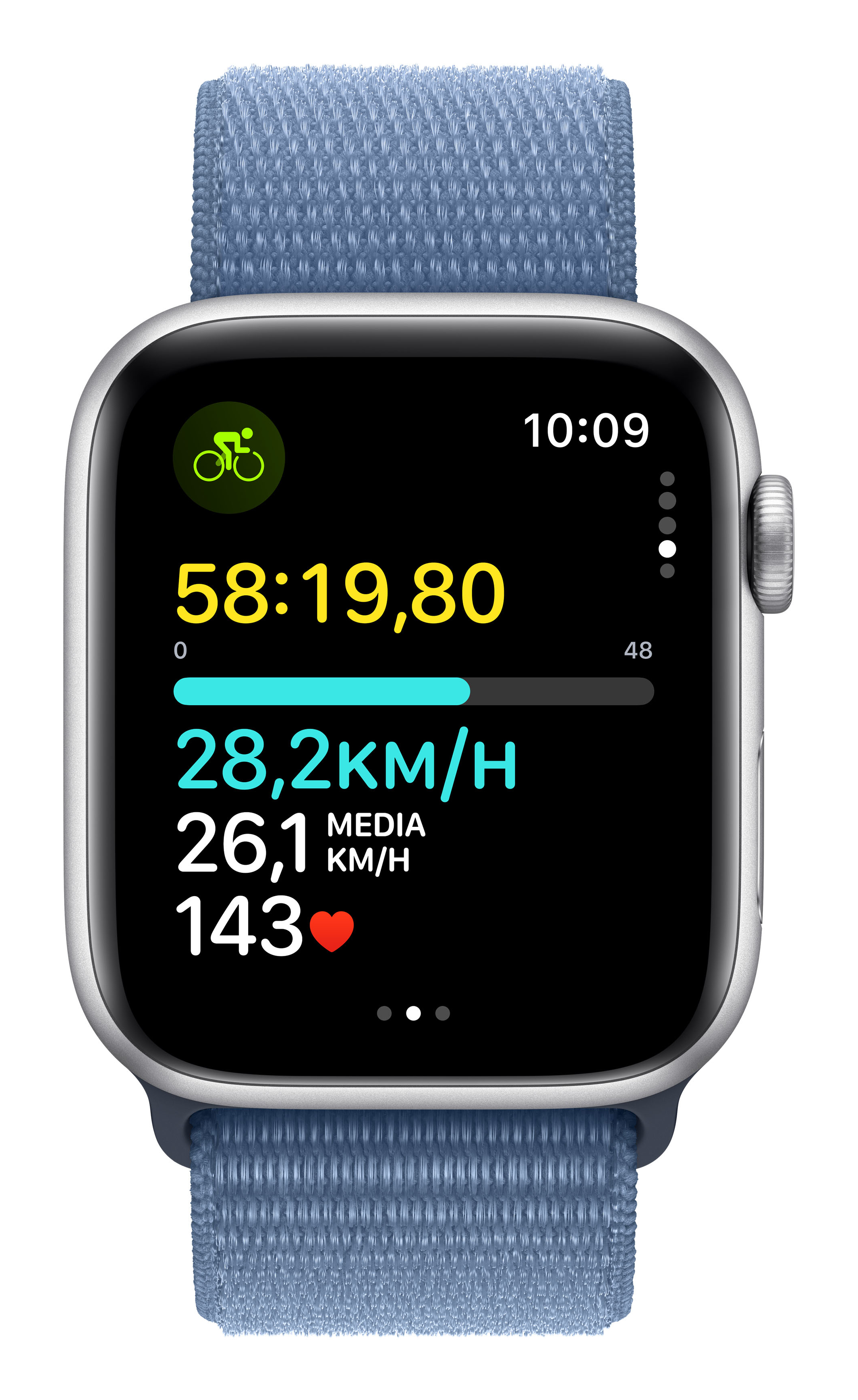 Apple Watch mit blauem Armband zeigt Fahrradaktivität, 58:19, 28,2 km/h, 26,1 km/h und 143 Schläge.