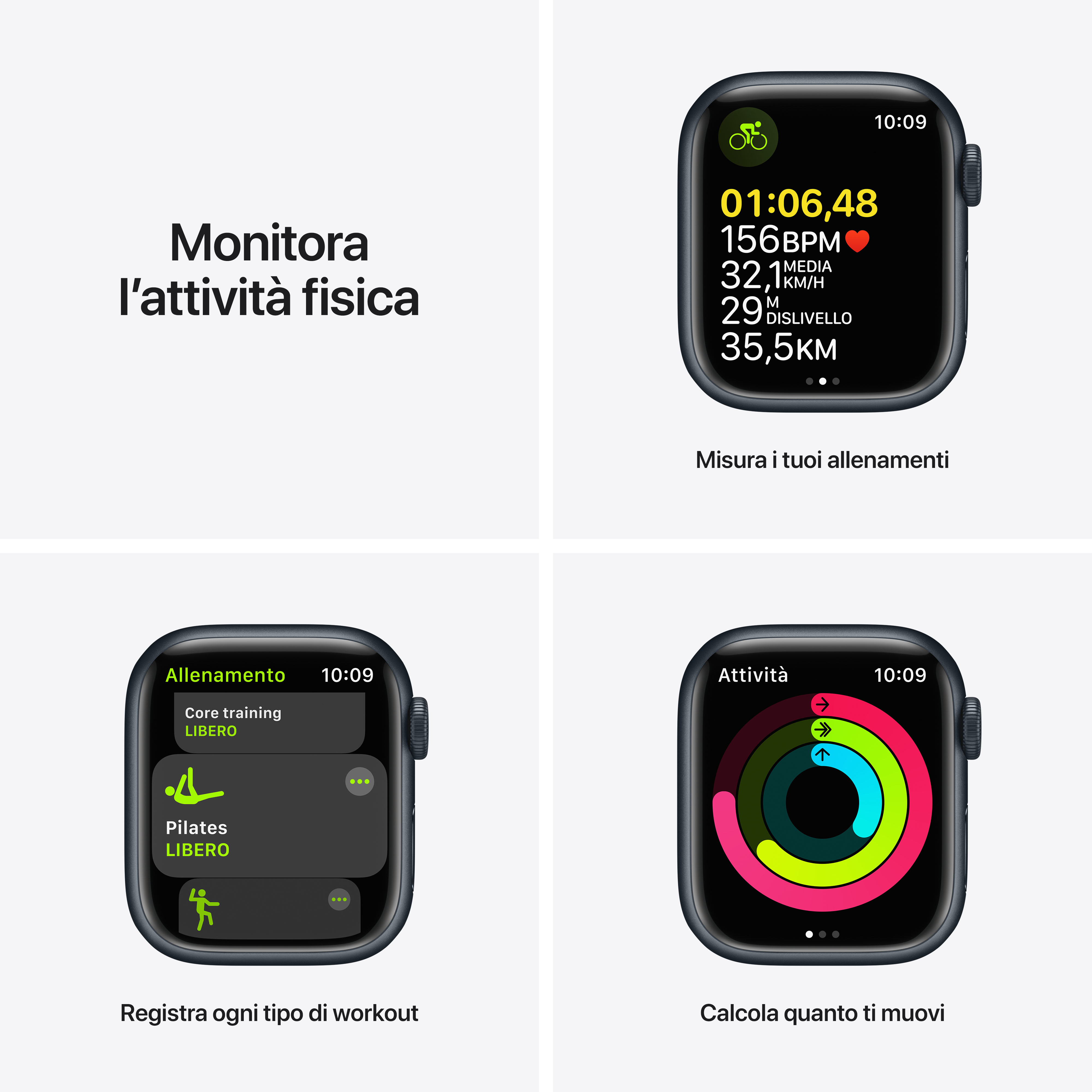 Smartwatch muestra datos de entrenamiento, anillos de actividad y lista.
