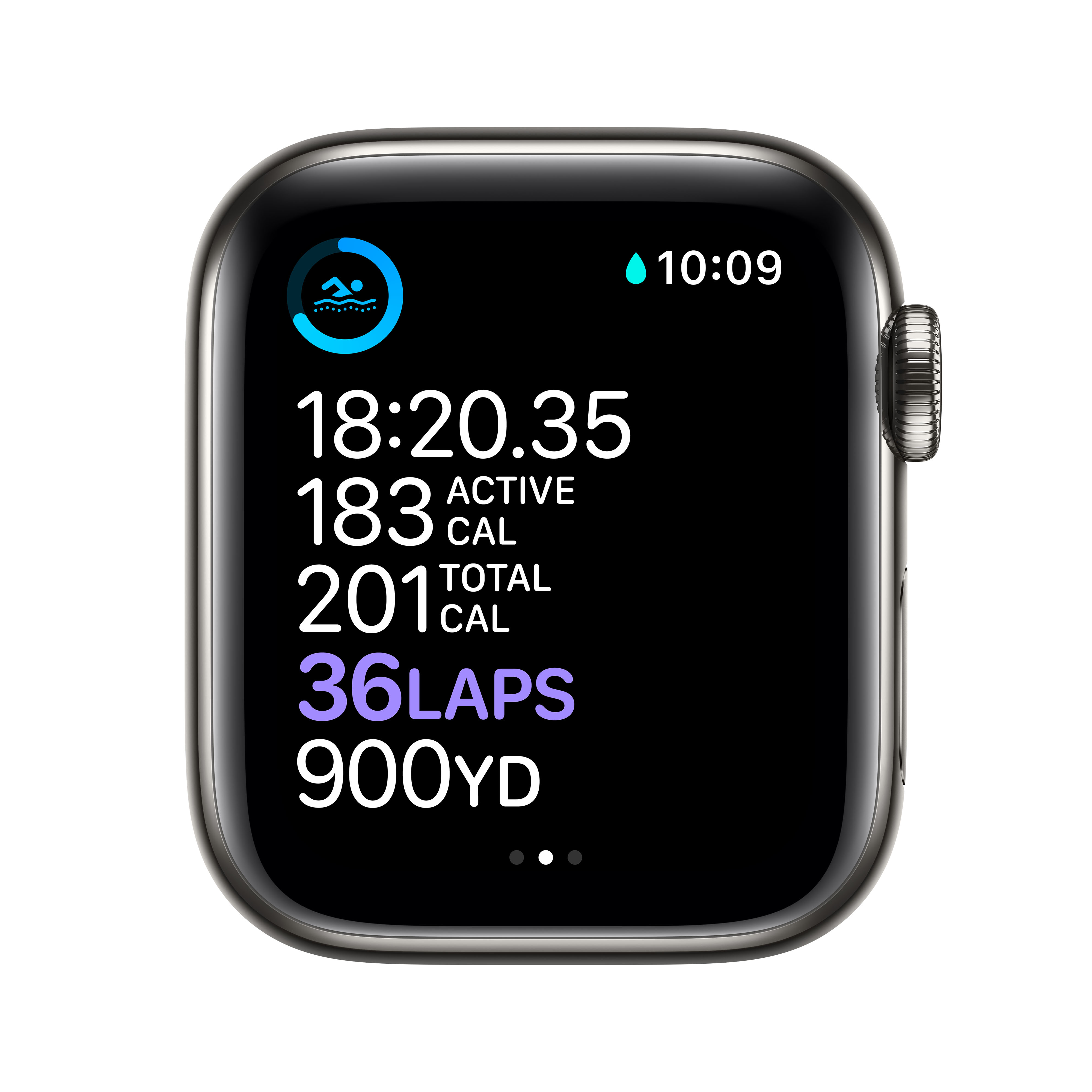 Eine Smartwatch zeigt Trainingsdaten: 18:20 Zeit, 183 kcal aktiv, 201 kcal gesamt, 36 Laps, 900 Yards.
