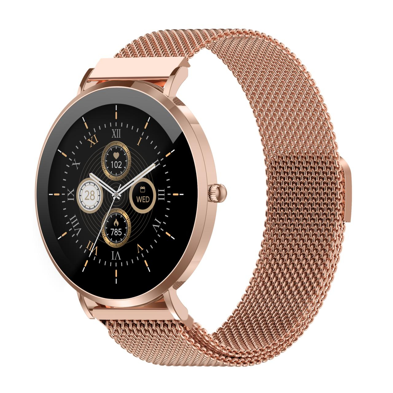 A rose gold smartwatch with a black face and mesh metal band.
