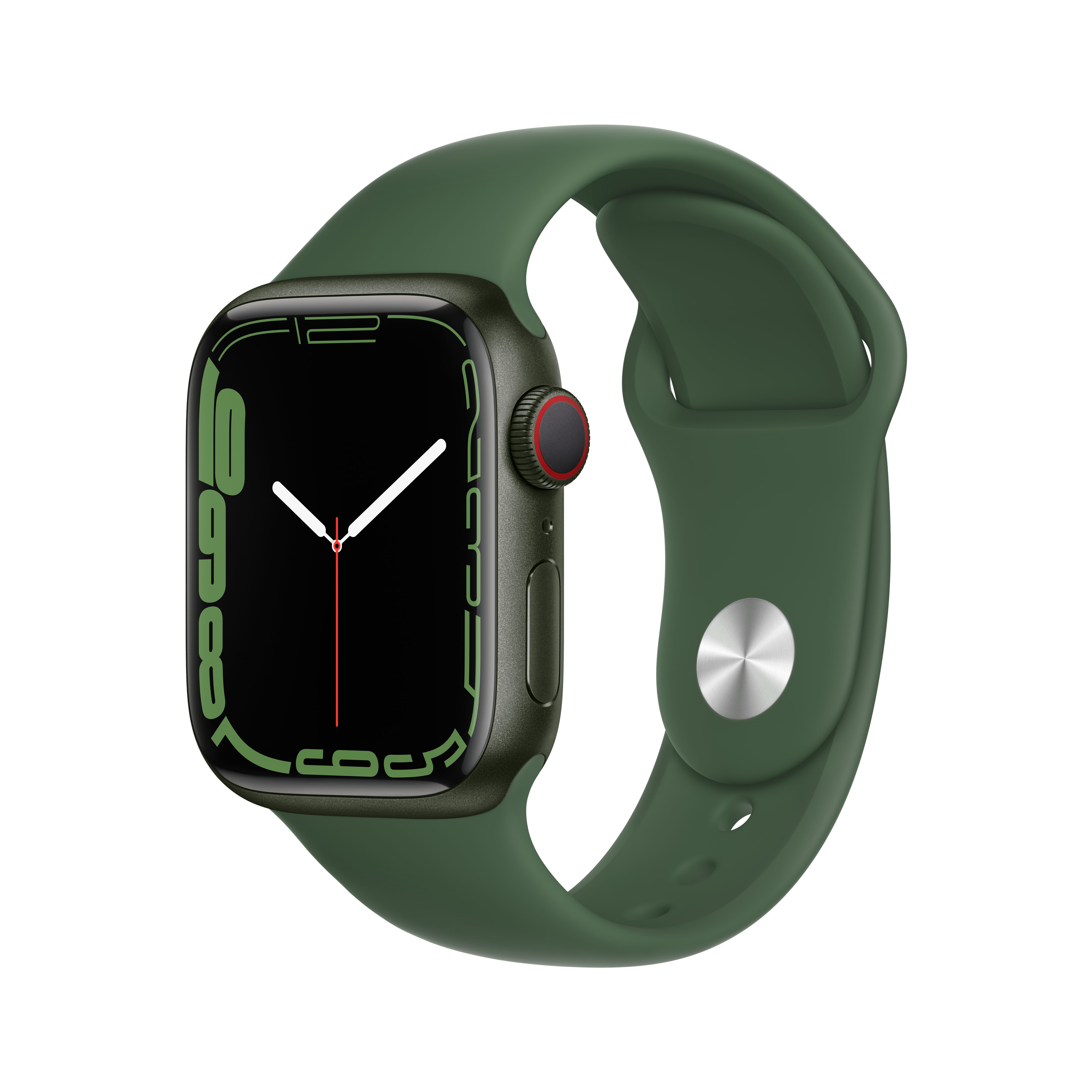 Eine grüne Smartwatch mit schwarzem Zifferblatt und silbernem Knopf.