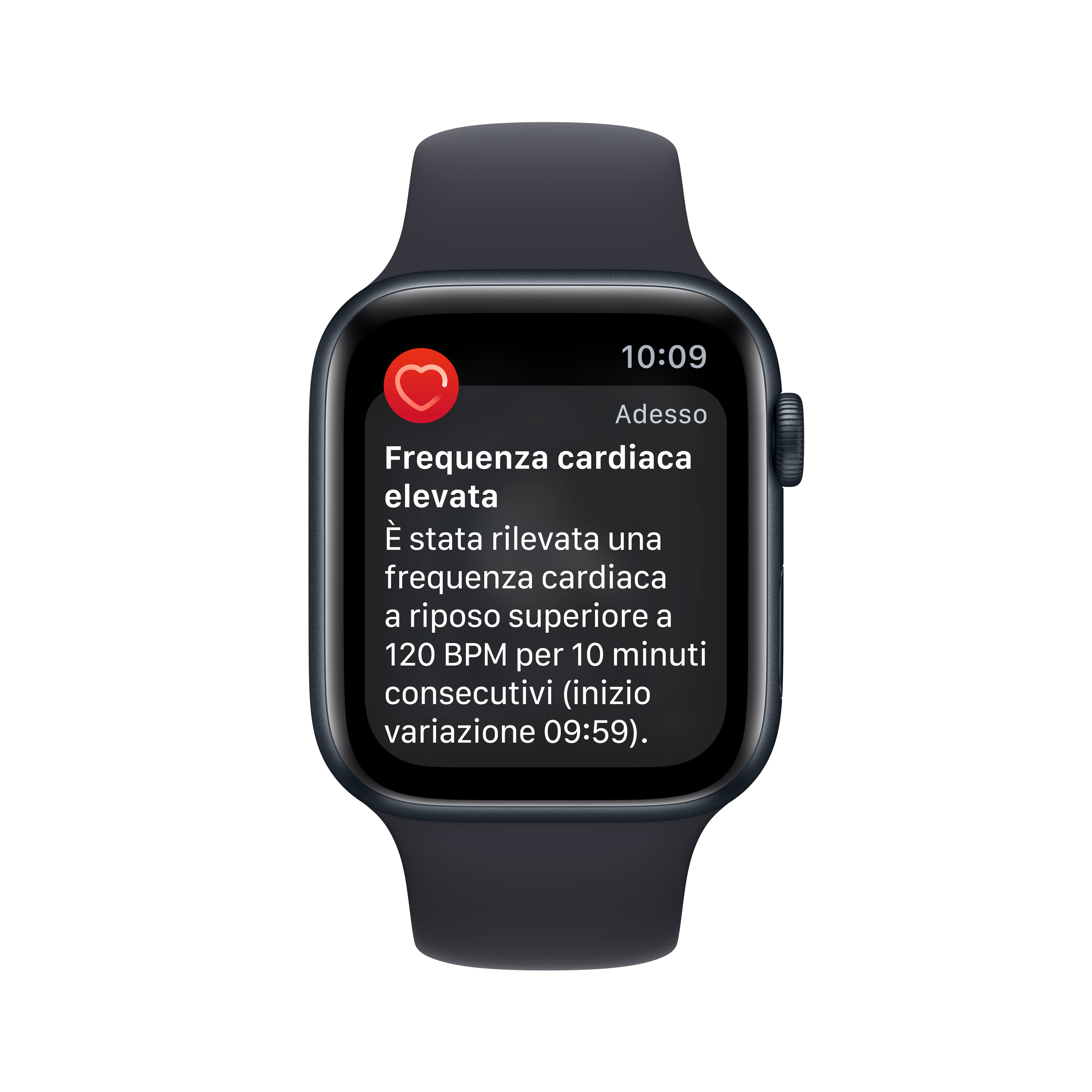 Reloj inteligente muestra alerta de ritmo cardíaco alto: 120 LPM por 10 min.