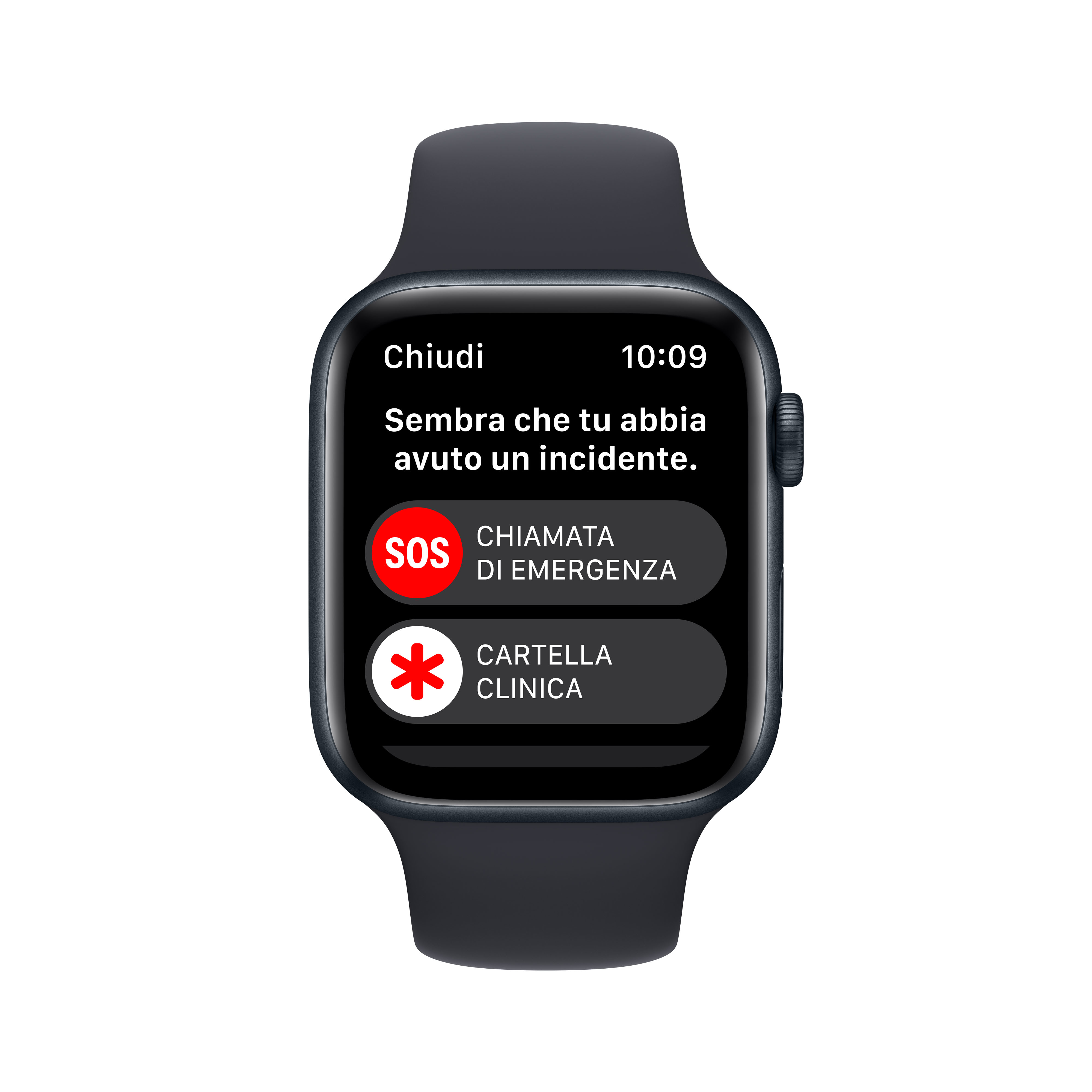 Reloj inteligente gris oscuro muestra alerta de accidente y opciones de llamada de emergencia.