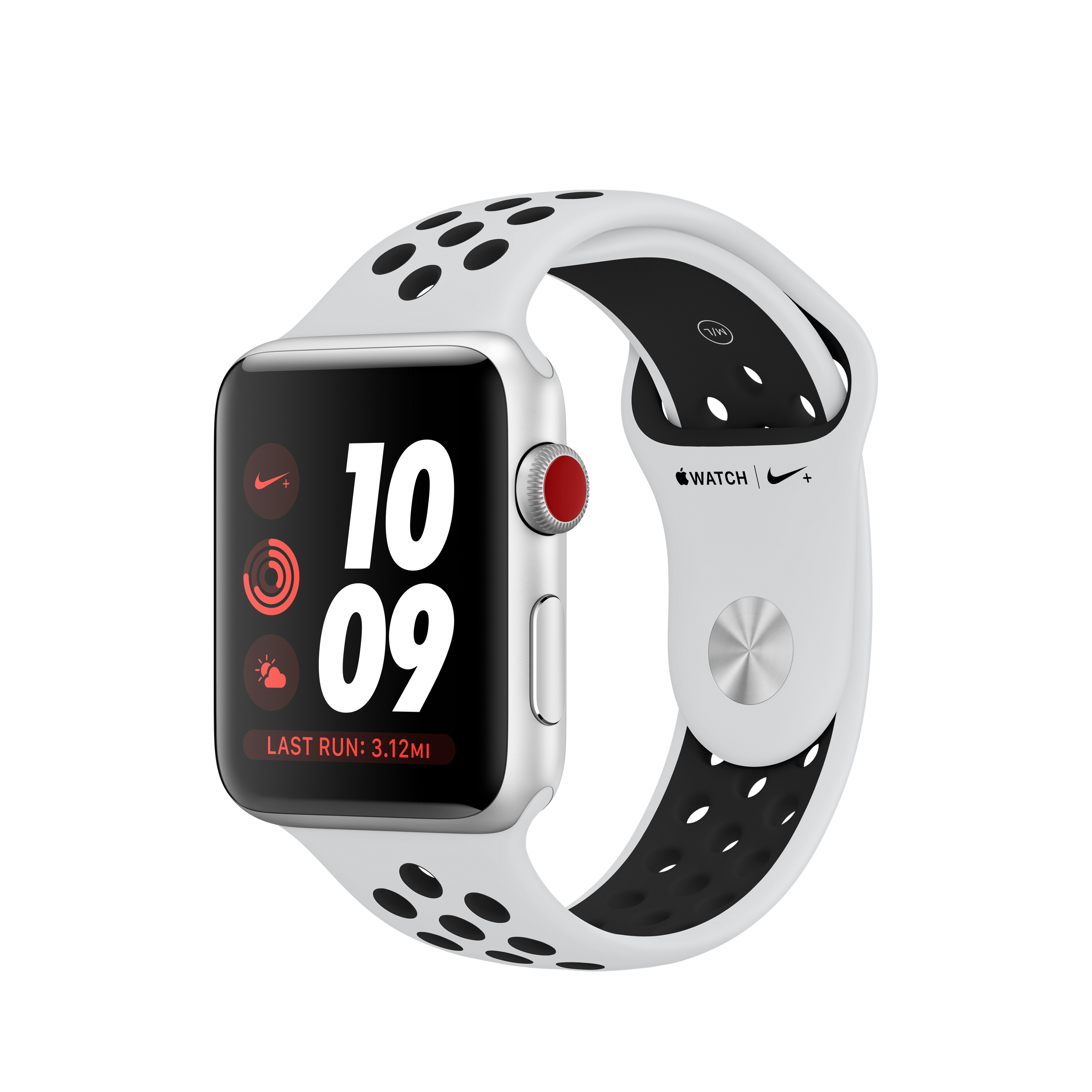 Eine silberne Apple Watch Nike+ mit weißem Armband, das schwarze Löcher hat.
