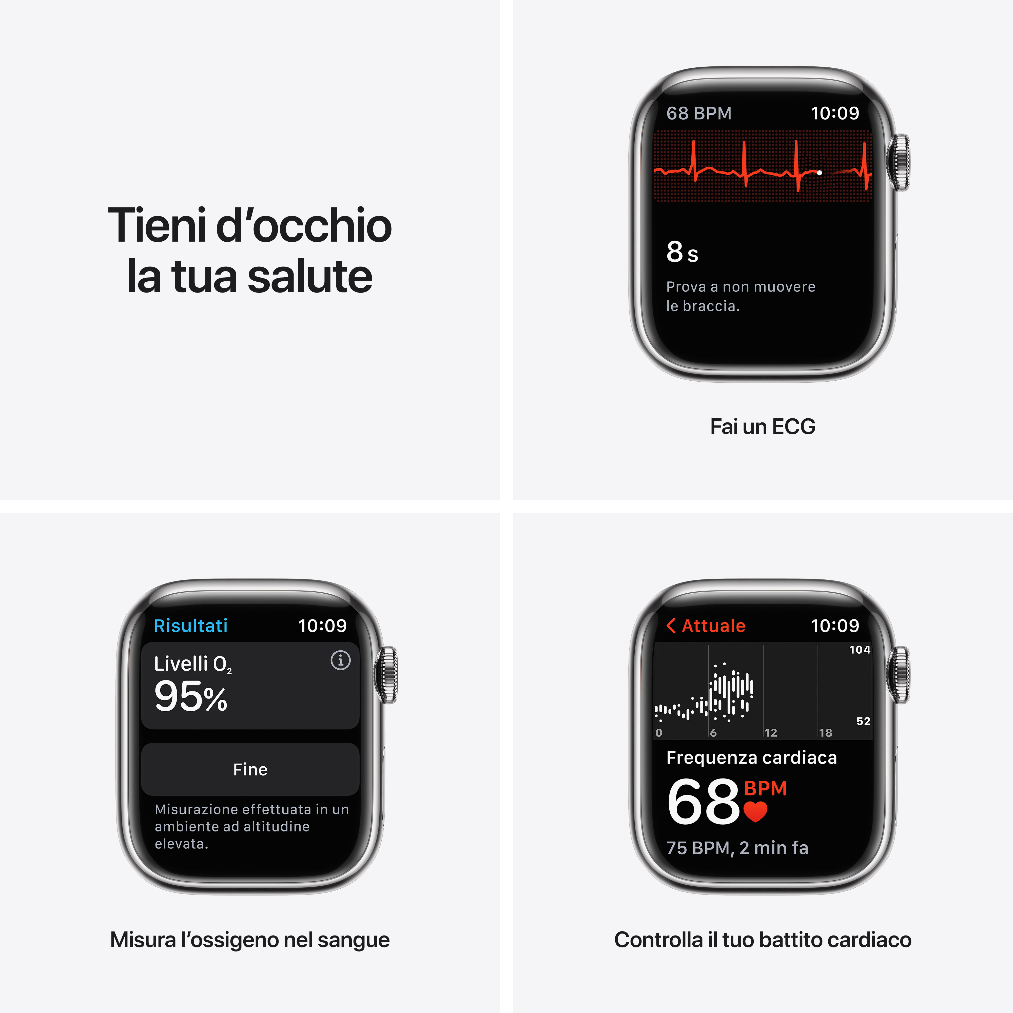Reloj muestra ECG, oxígeno en sangre y frecuencia cardíaca. Texto: Vigila tu salud.