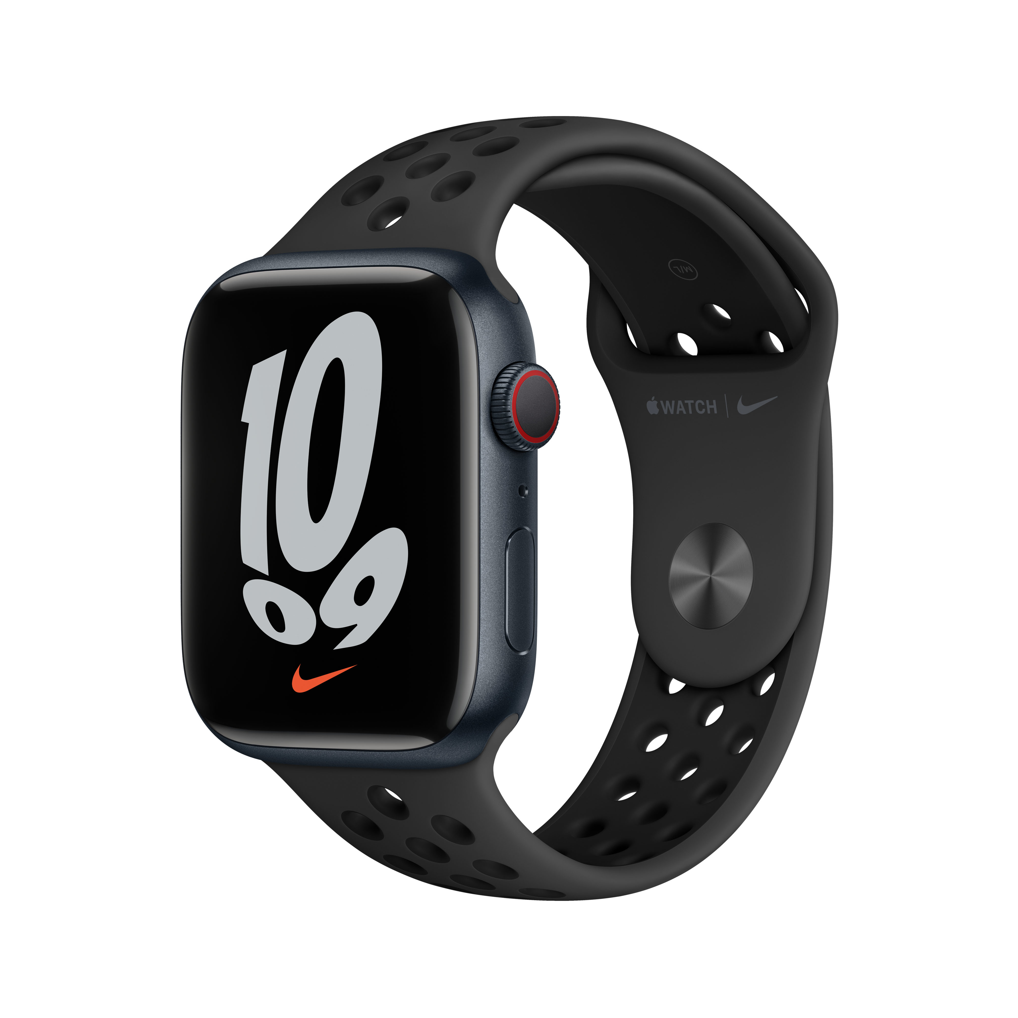 Eine schwarze Nike-Smartwatch mit einem Zifferblatt, das die Zahl 10 anzeigt.