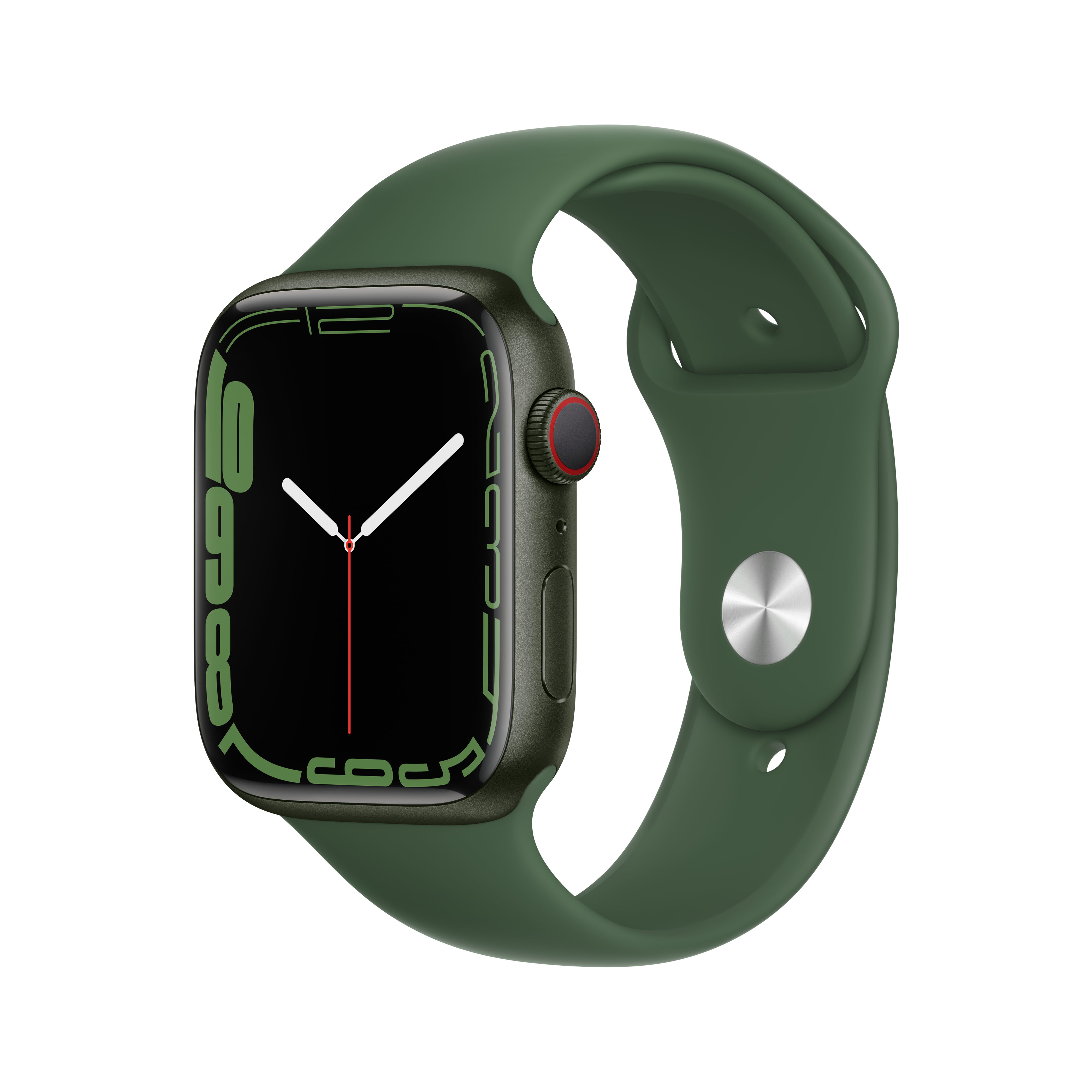 Eine grüne Smartwatch mit schwarzem Zifferblatt und silberner Krone auf weißem Hintergrund.