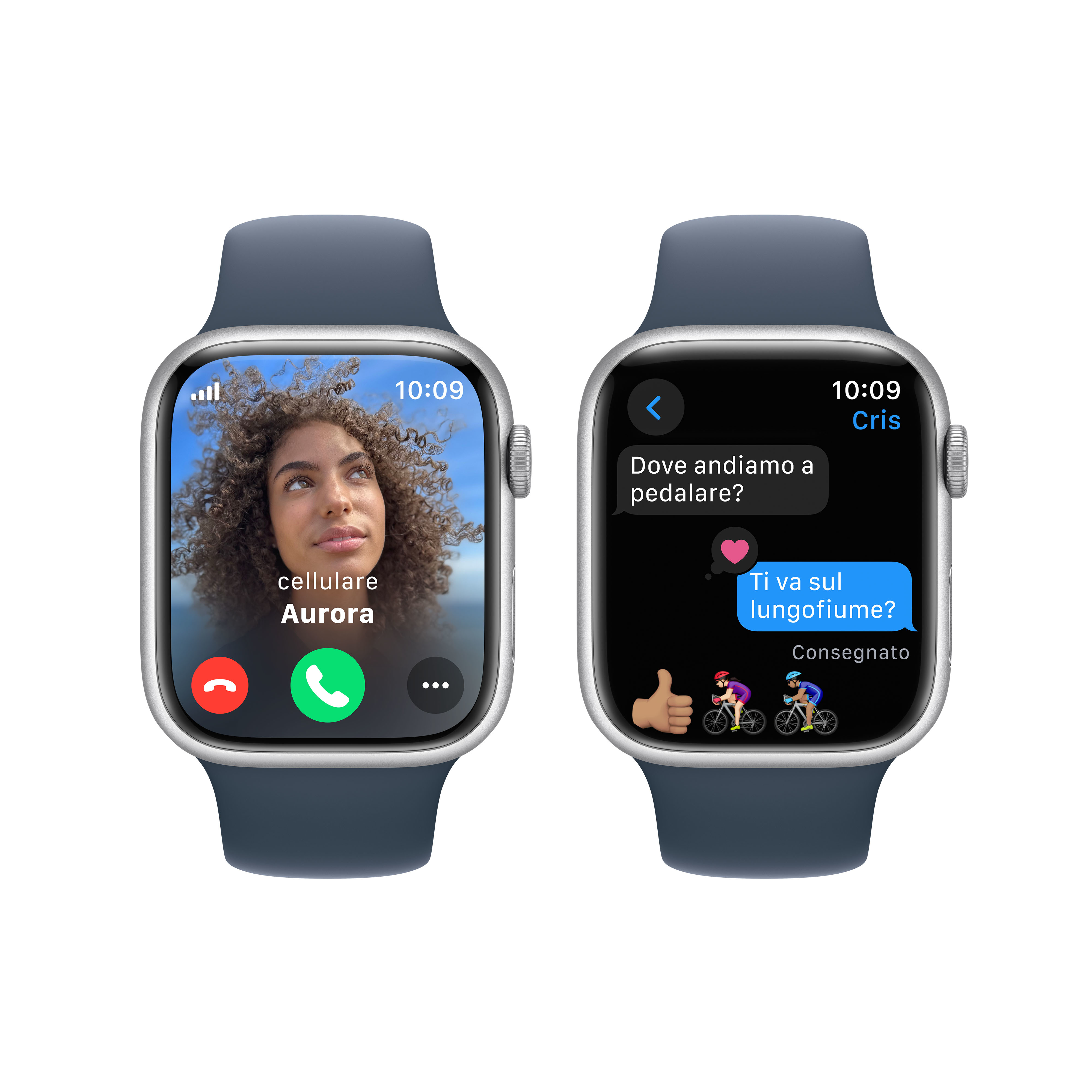 Due Apple Watch: una mostra una chiamata, l'altra un messaggio.