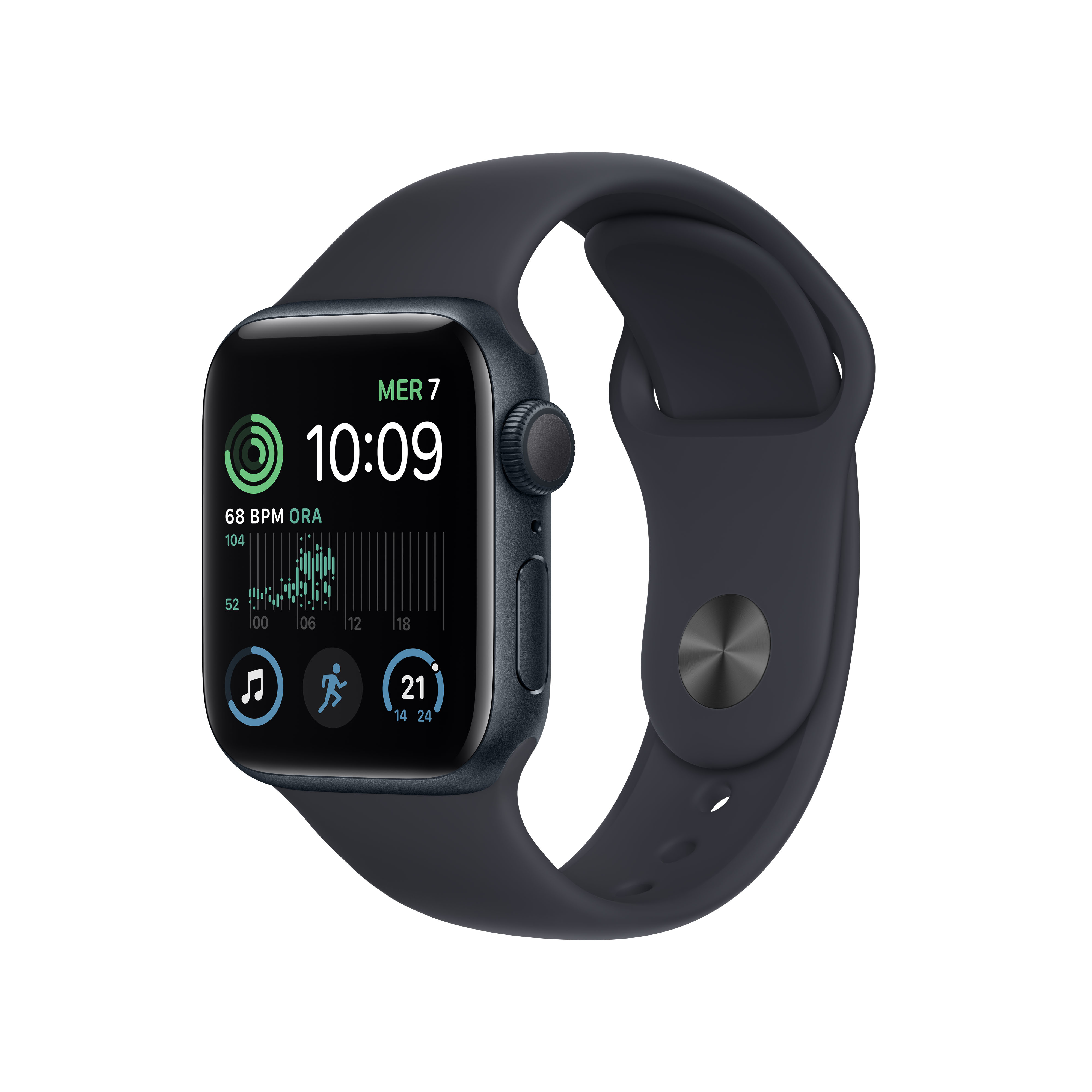 Een donker smartwatch met donker bandje en verlicht display met tijd en statistieken.