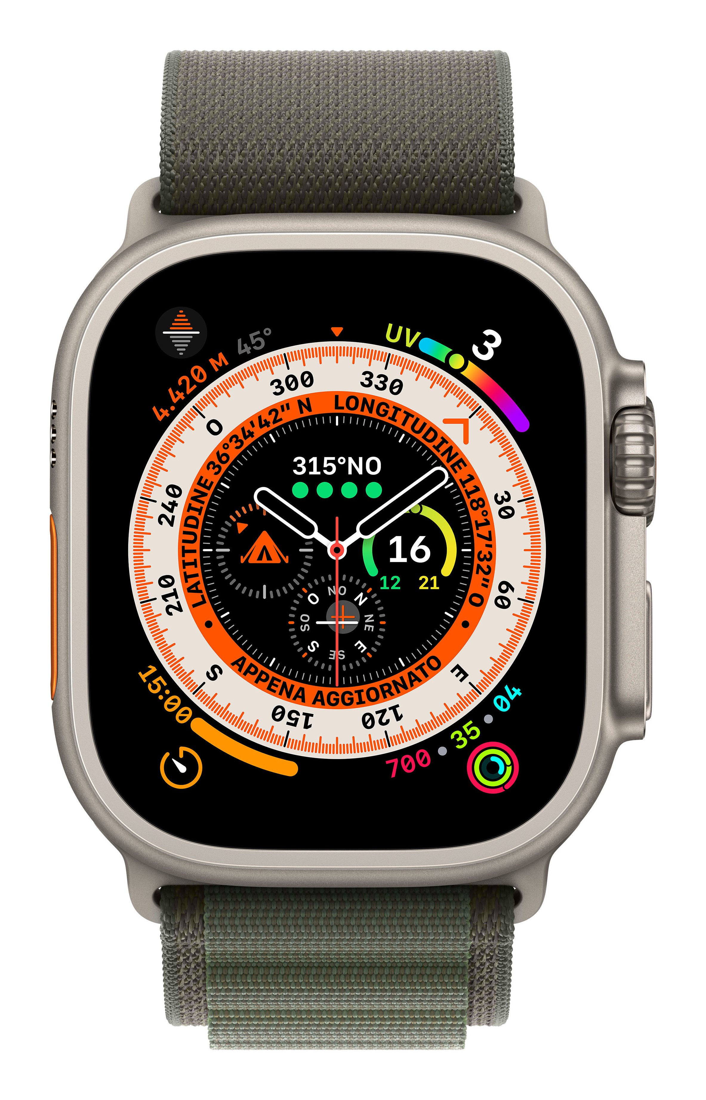 Graue Smartwatch mit Stoffarmband, zeigt Kompass, Höhe, GPS und Aktivitäten.