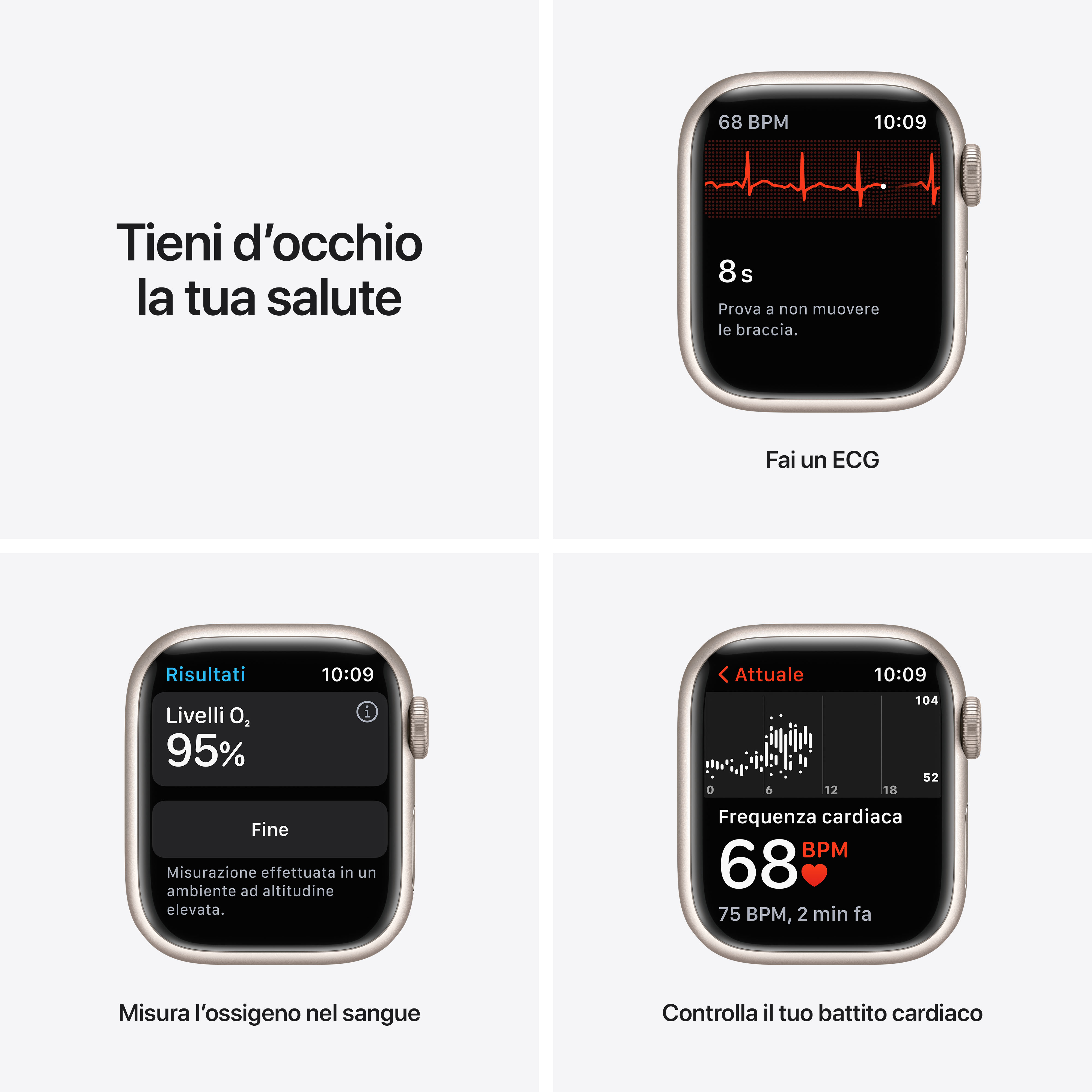 Cuatro vistas de smartwatch: ECG, oxígeno en sangre y frecuencia cardíaca.