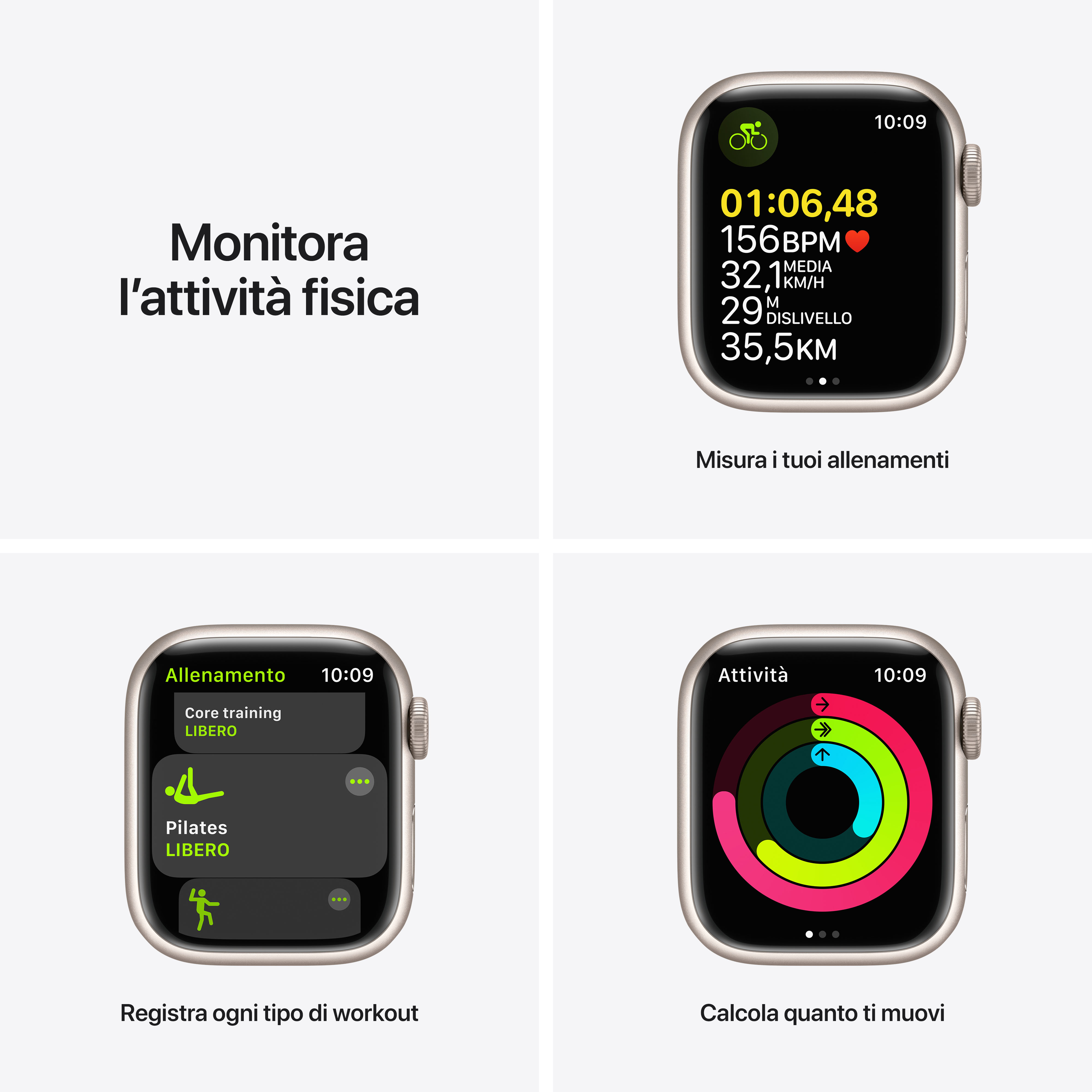 Smartwatch muestra datos de entrenamiento, anillos de actividad y lista.