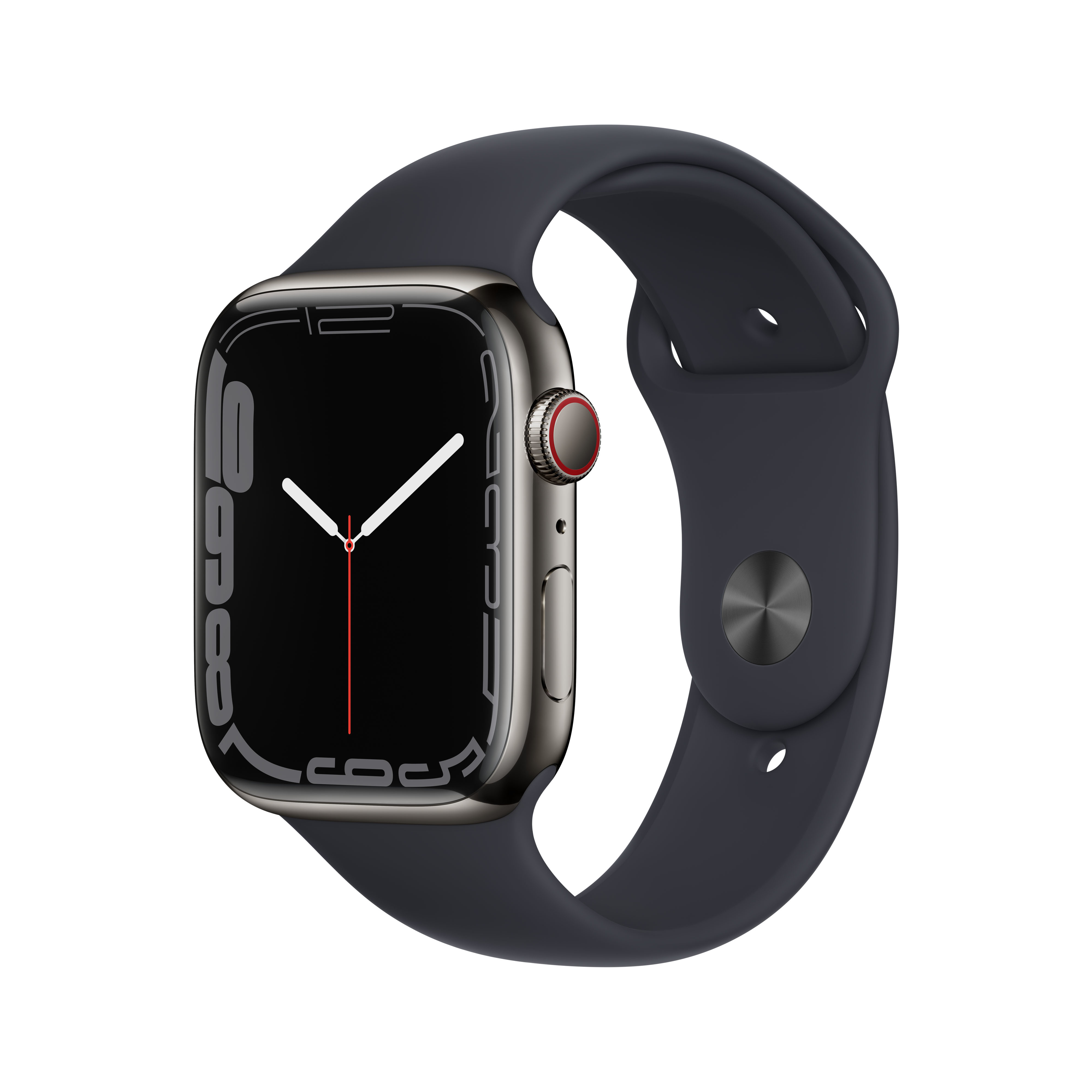 Eine dunkle Smartwatch mit silbernem Gehäuse und schwarzem Zifferblatt.