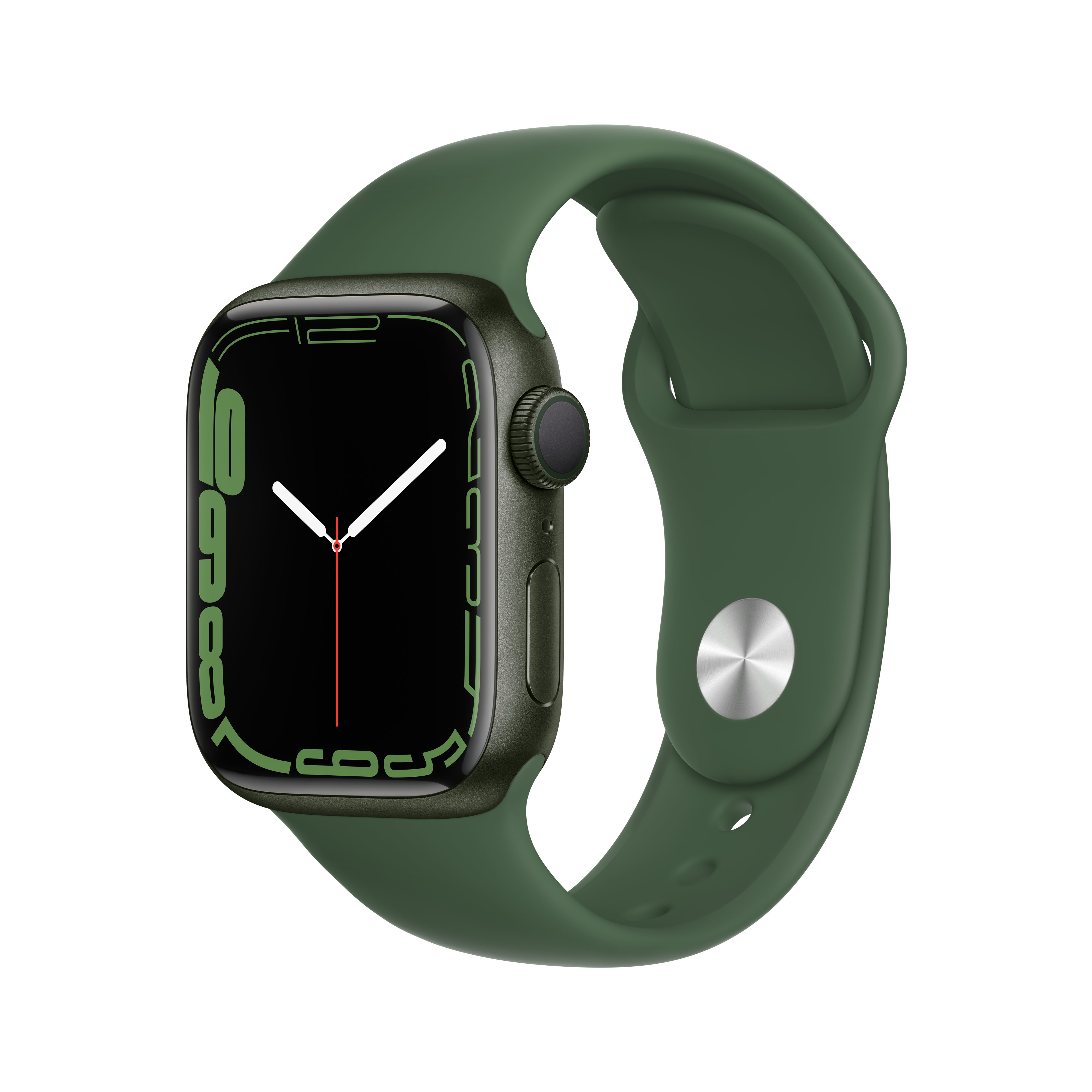 Eine grüne Smartwatch mit schwarzem Zifferblatt und weißen Zeigern auf weißem Hintergrund.