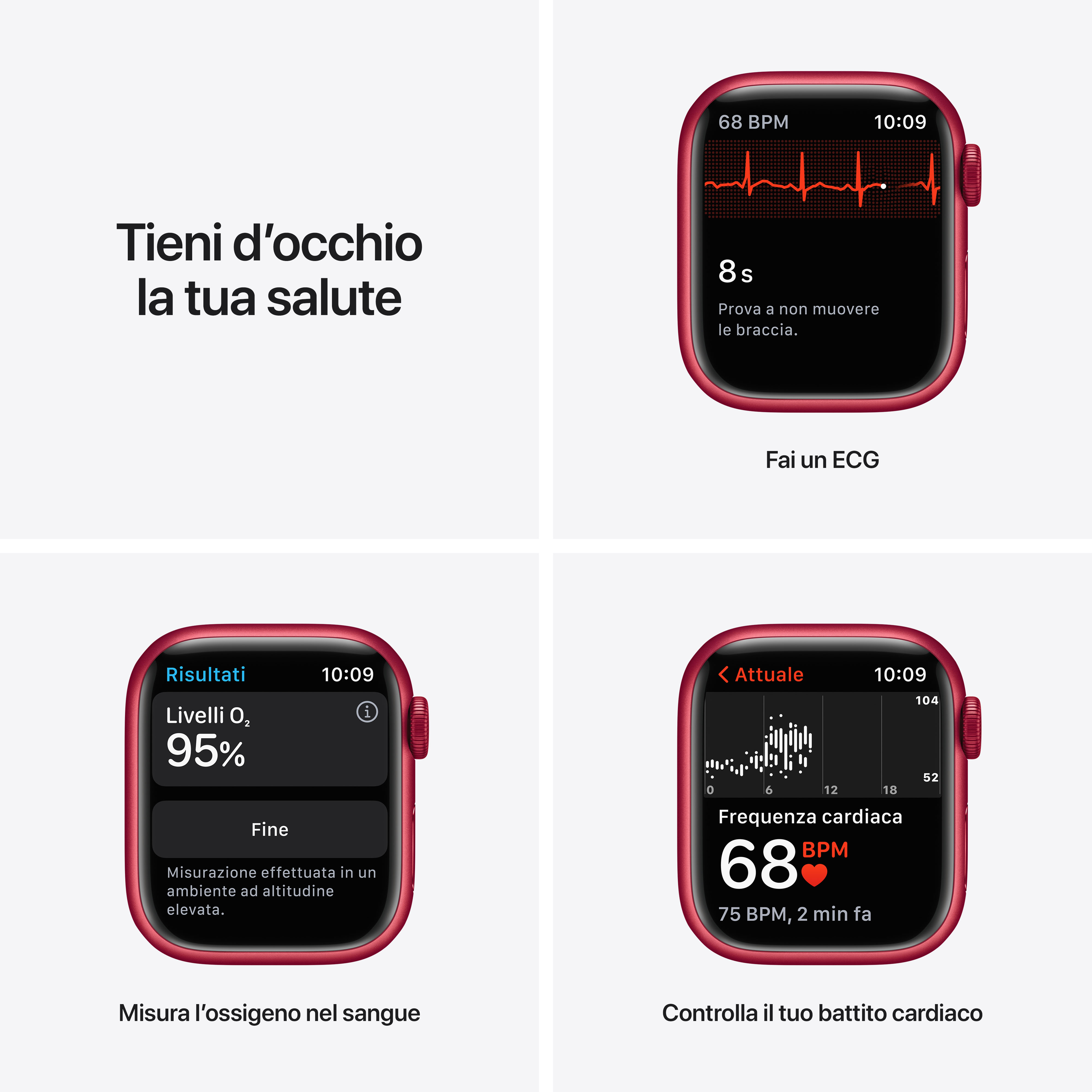 Un reloj inteligente rojo muestra un ECG, oxígeno en sangre y ritmo cardíaco.