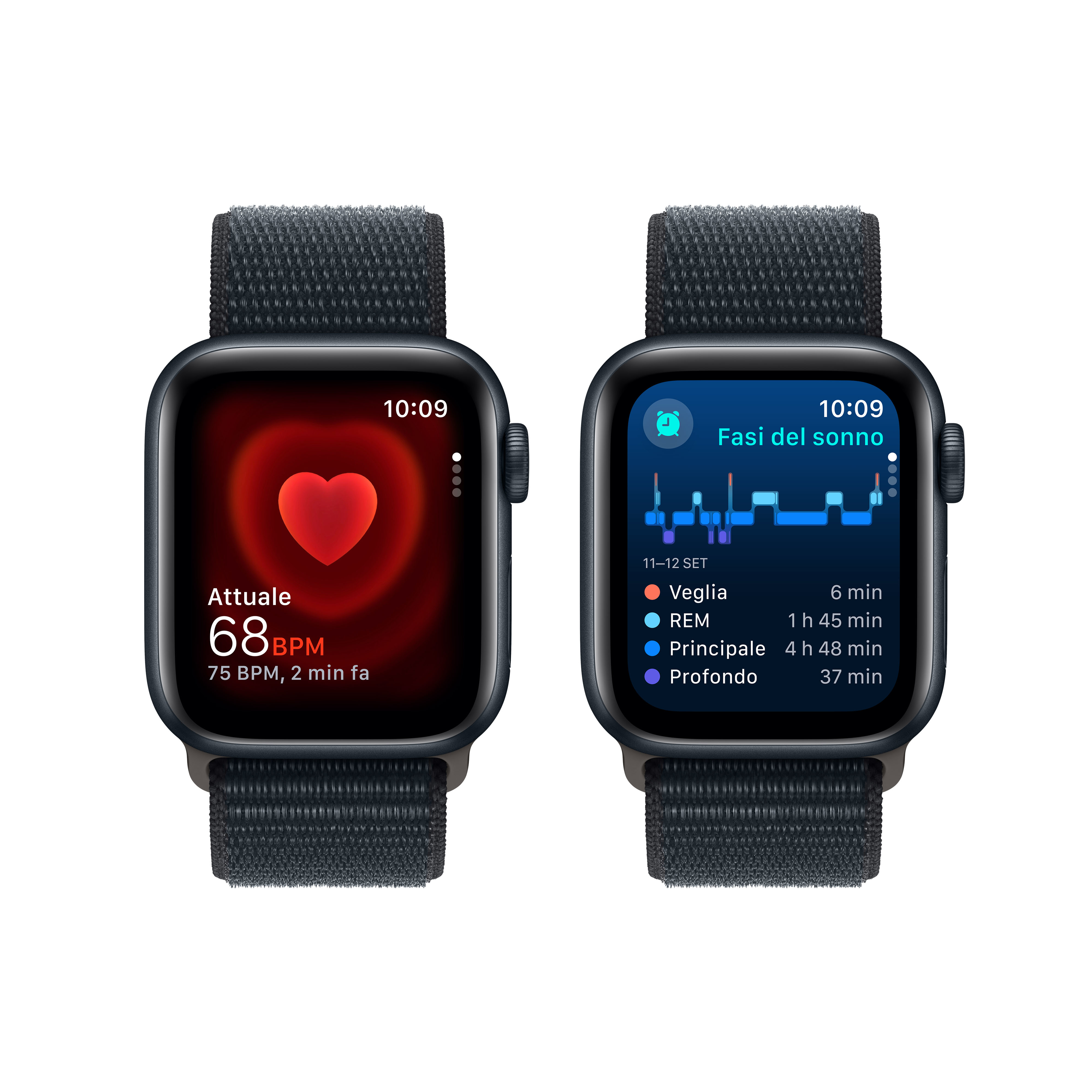 Due smartwatch mostrano battito cardiaco e fasi del sonno.