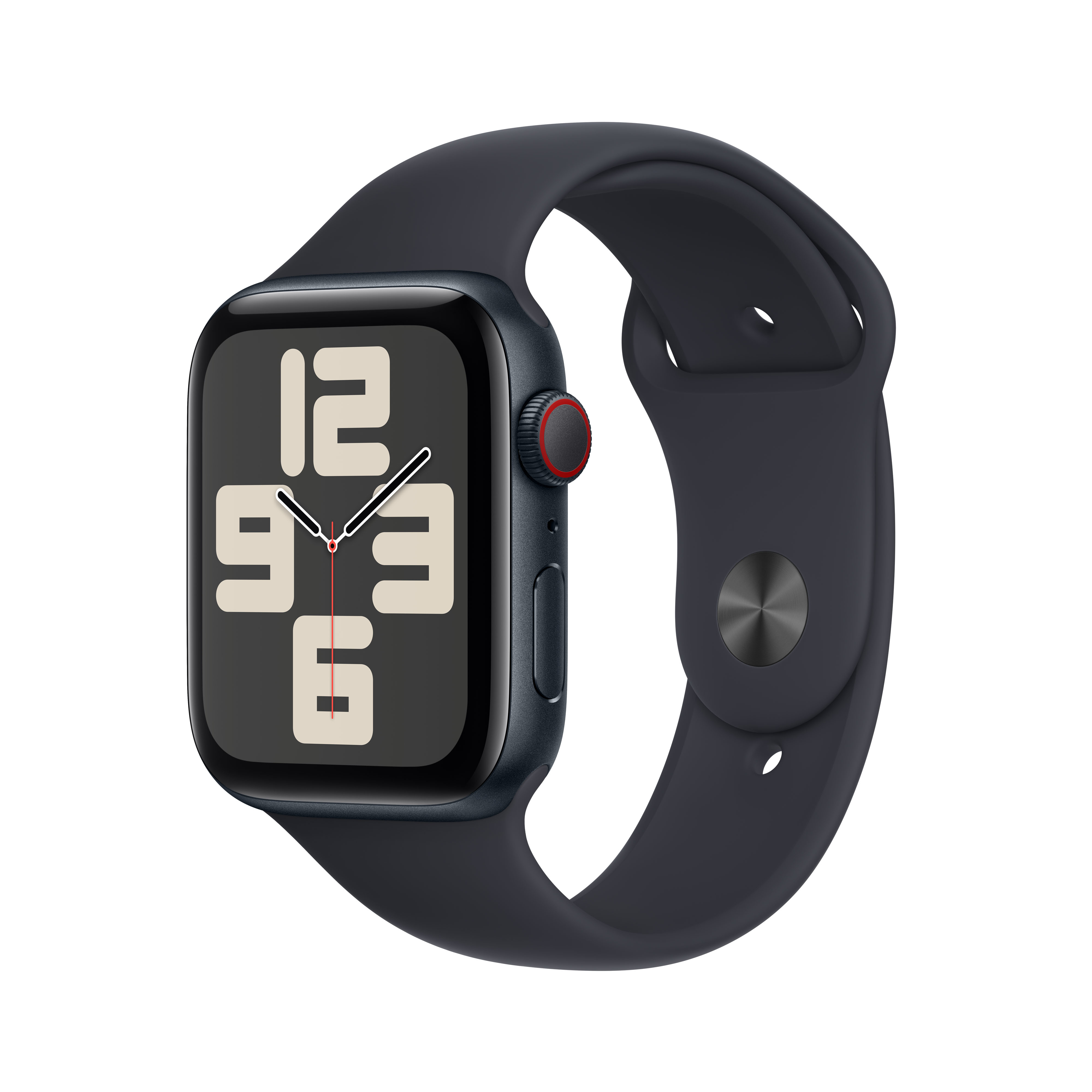 Eine dunkelgraue Smartwatch mit digitaler Anzeige und rotem Akzent am Zifferblatt.