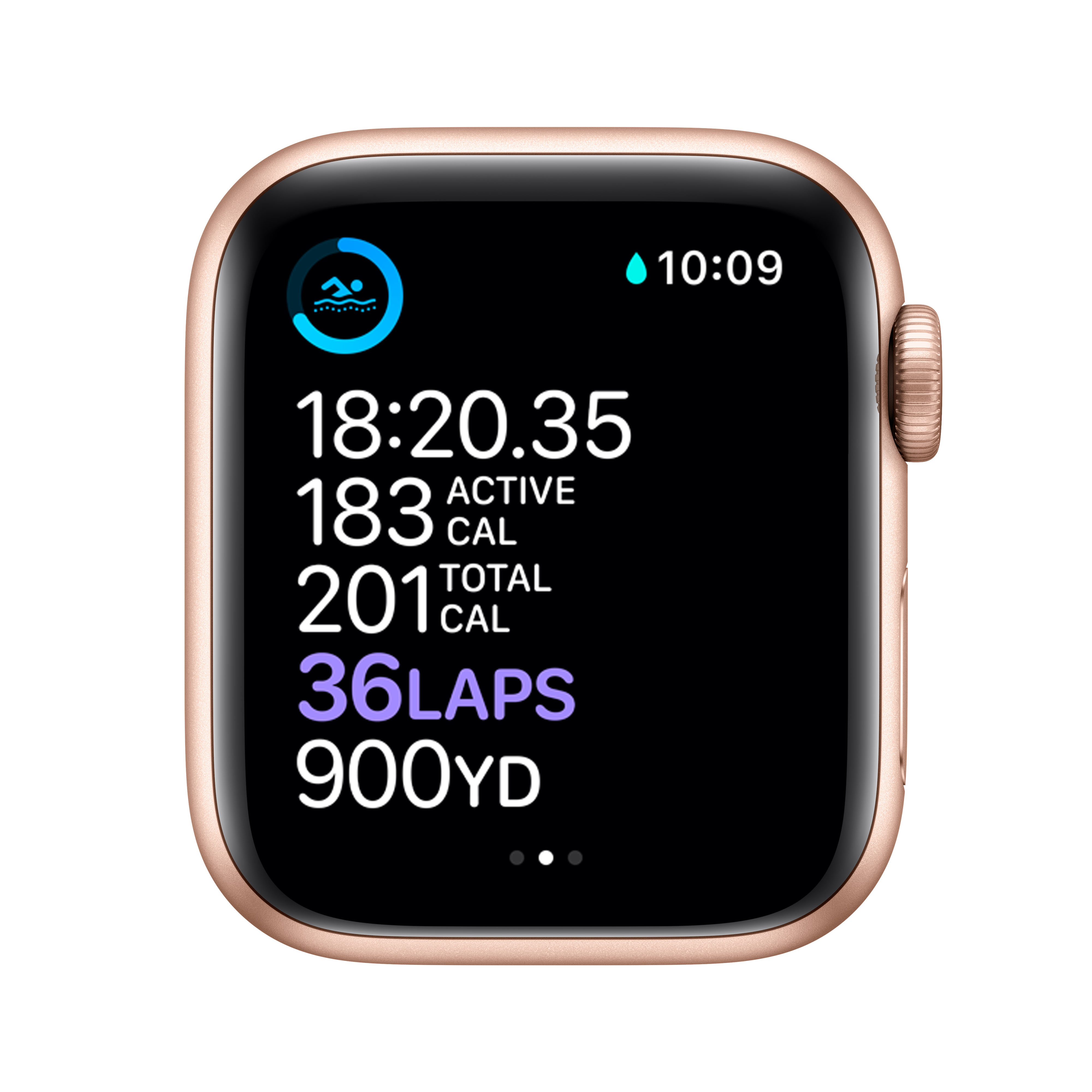 Reloj inteligente dorado muestra 18:20, 183 cal activas, 201 cal totales, 36 vueltas, 900 yardas.