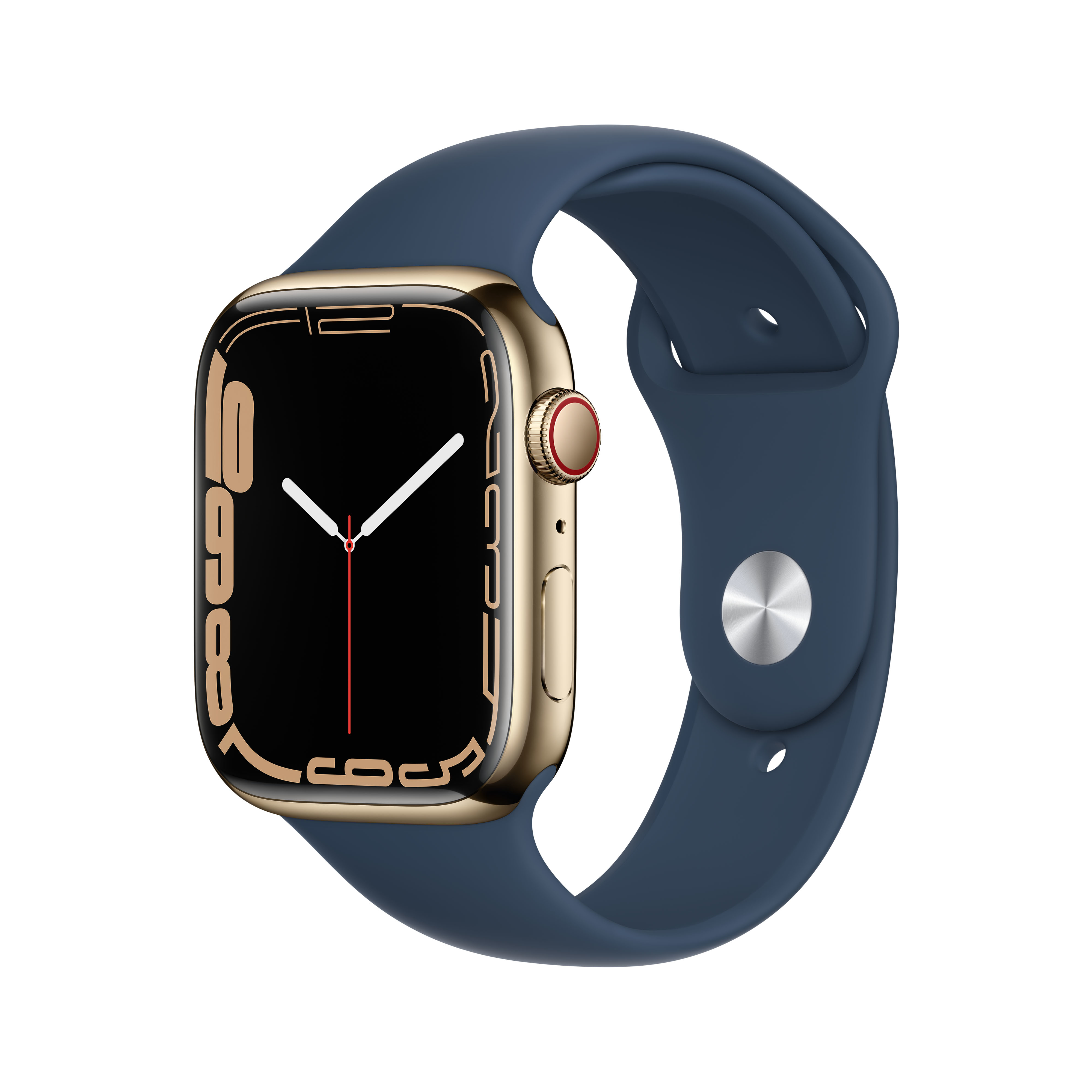 Goldene Smartwatch mit blauem Armband und schwarzem Display.