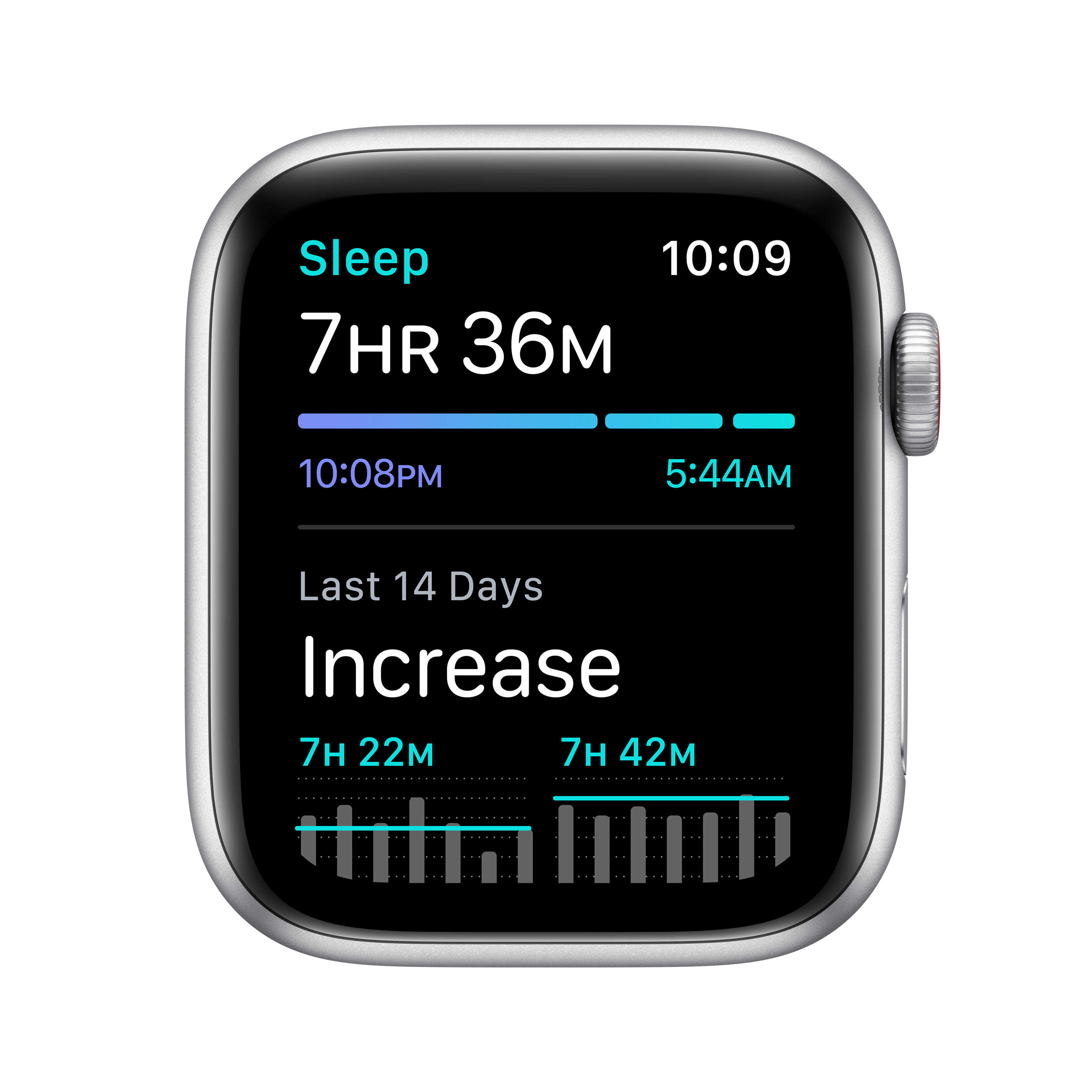 Eine Smartwatch zeigt Schlafdaten: 7Std 36Min, Aufwachzeit 5:44 Uhr.