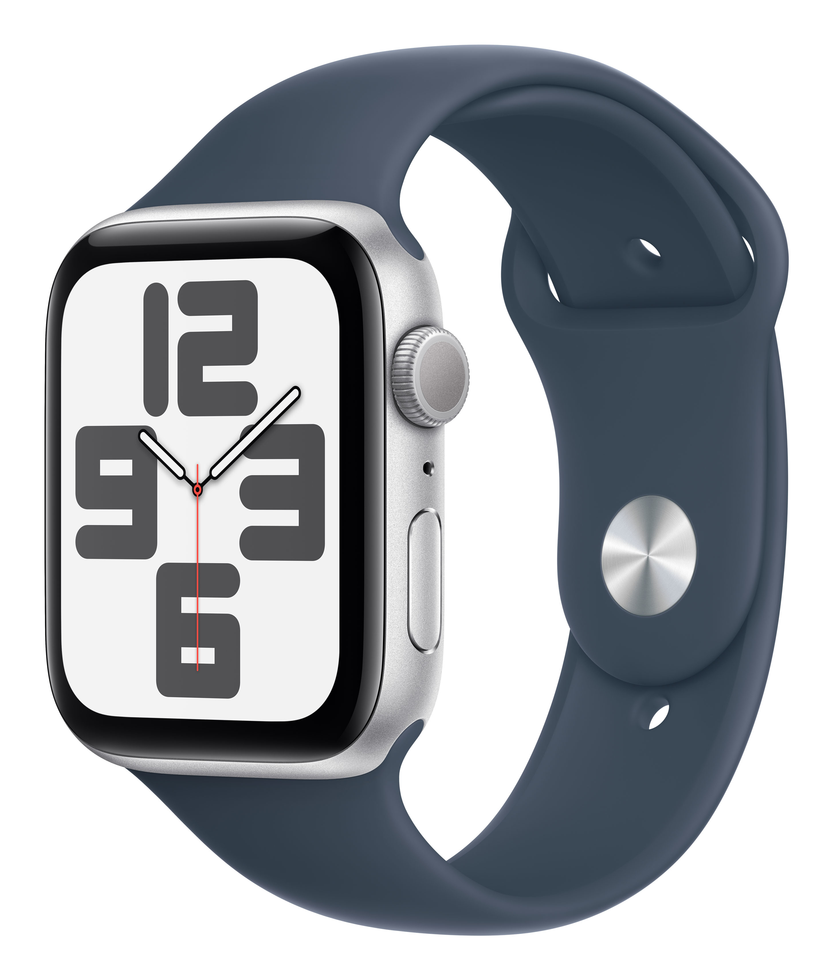 Eine silberne Smartwatch mit einem dunkelblauen Armband. Das Display zeigt große graue Ziffern.
