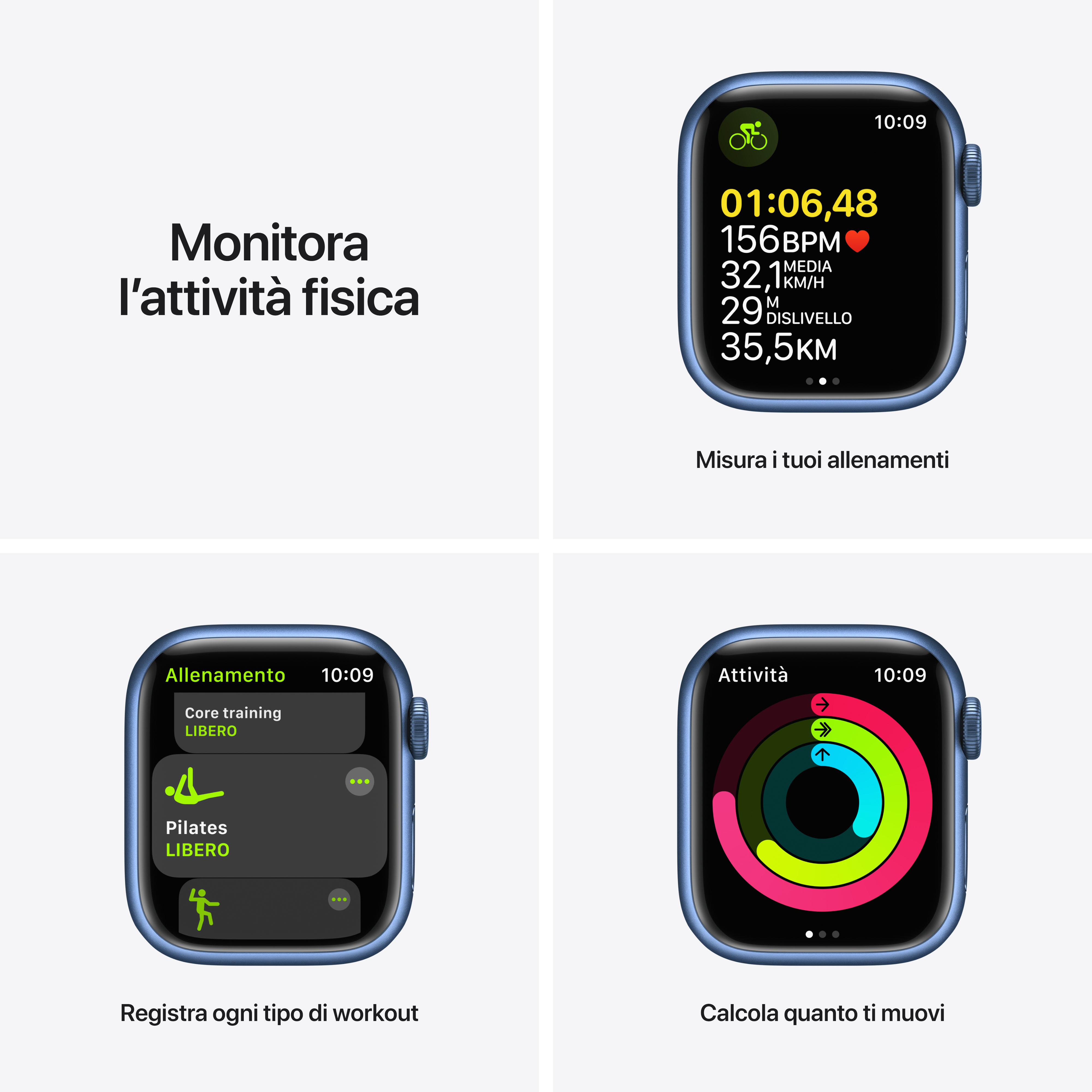 Apple Watch zeigt Trainingsdaten, Aktivitätsringe und Workout-Liste.
