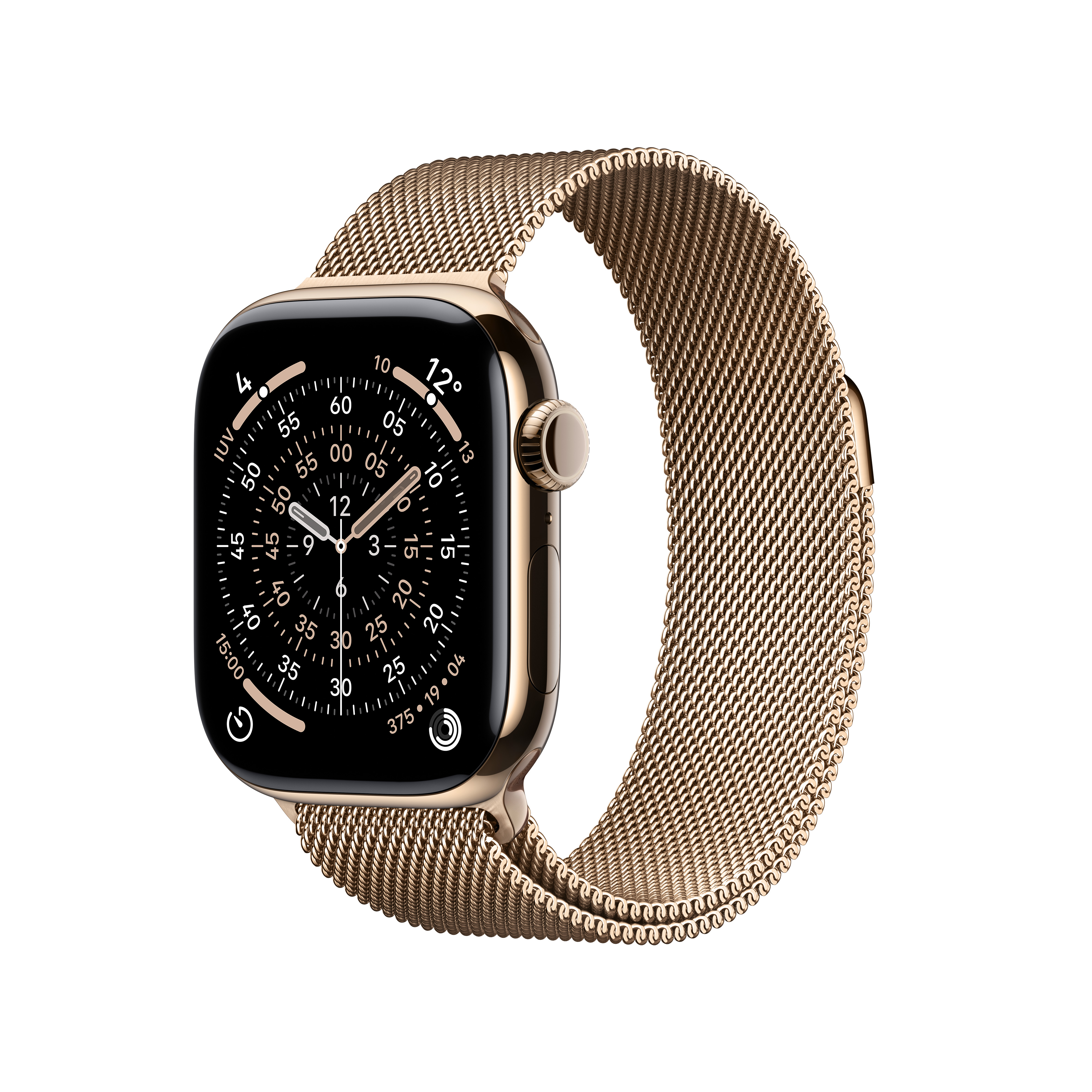 Uno smartwatch dorato con cinturino milanese su sfondo bianco.