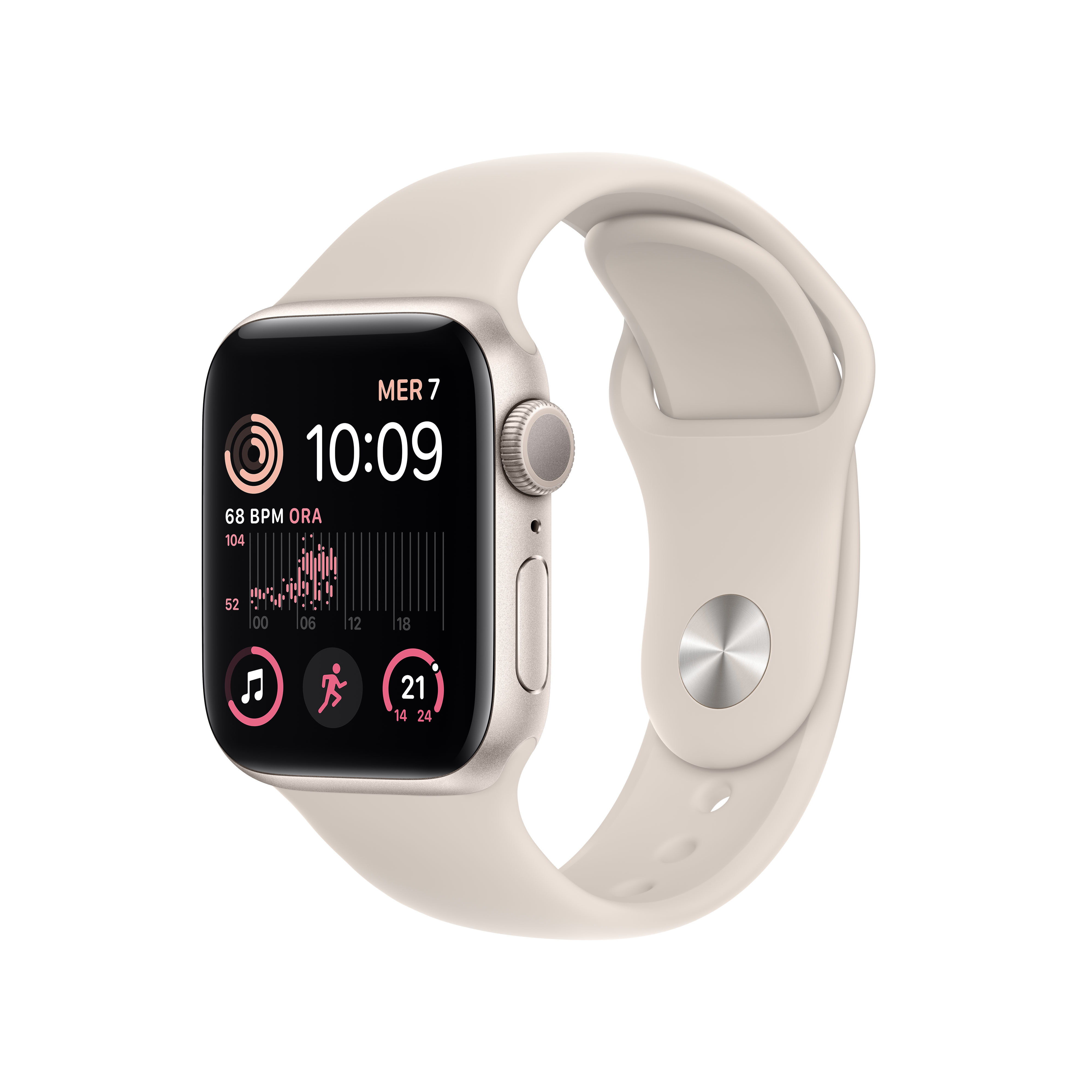 Eine helle Smartwatch mit einem hellbeigen Armband und einem dunklen Display.