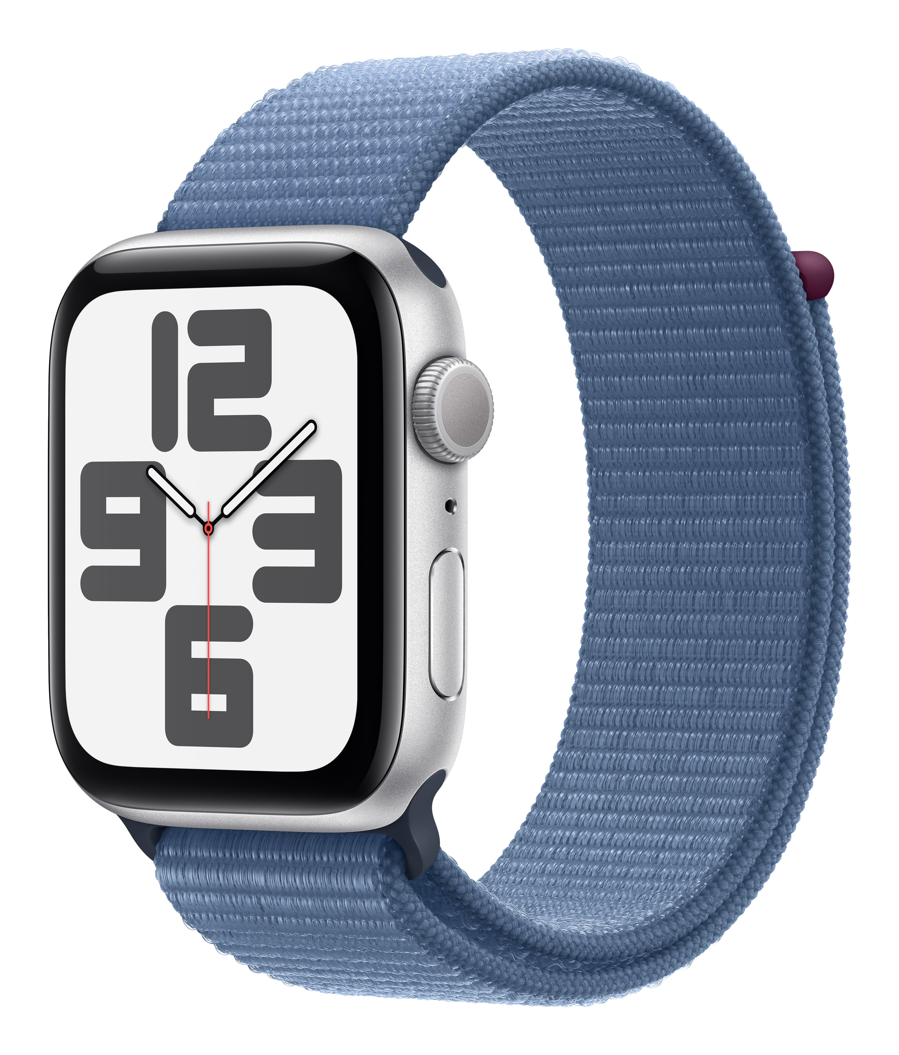 Silberne Smartwatch mit blauem Stoffarmband und digitaler Zeitanzeige.