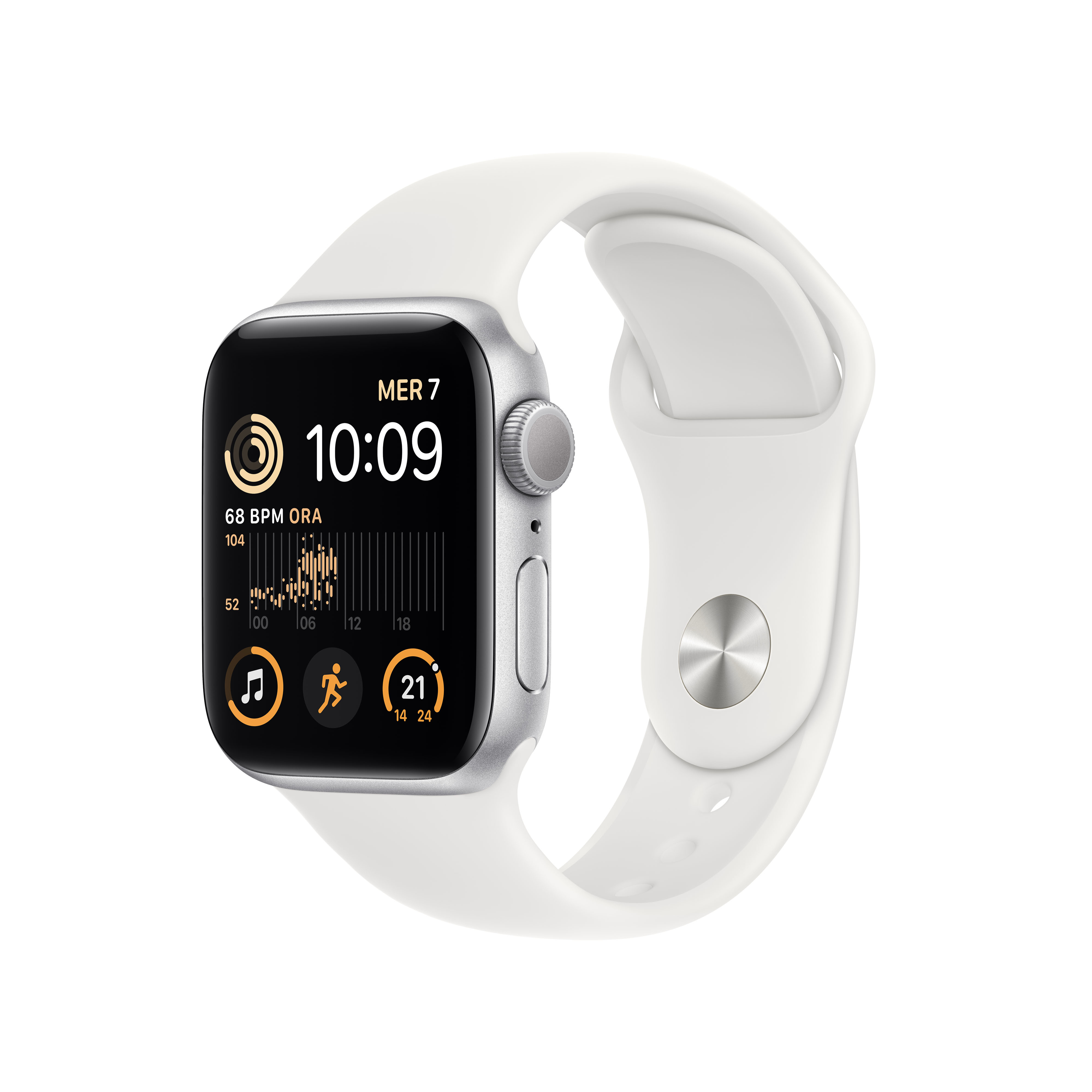 Silberne Smartwatch mit weißem Armband, zeigt Uhrzeit und Gesundheitsdaten.